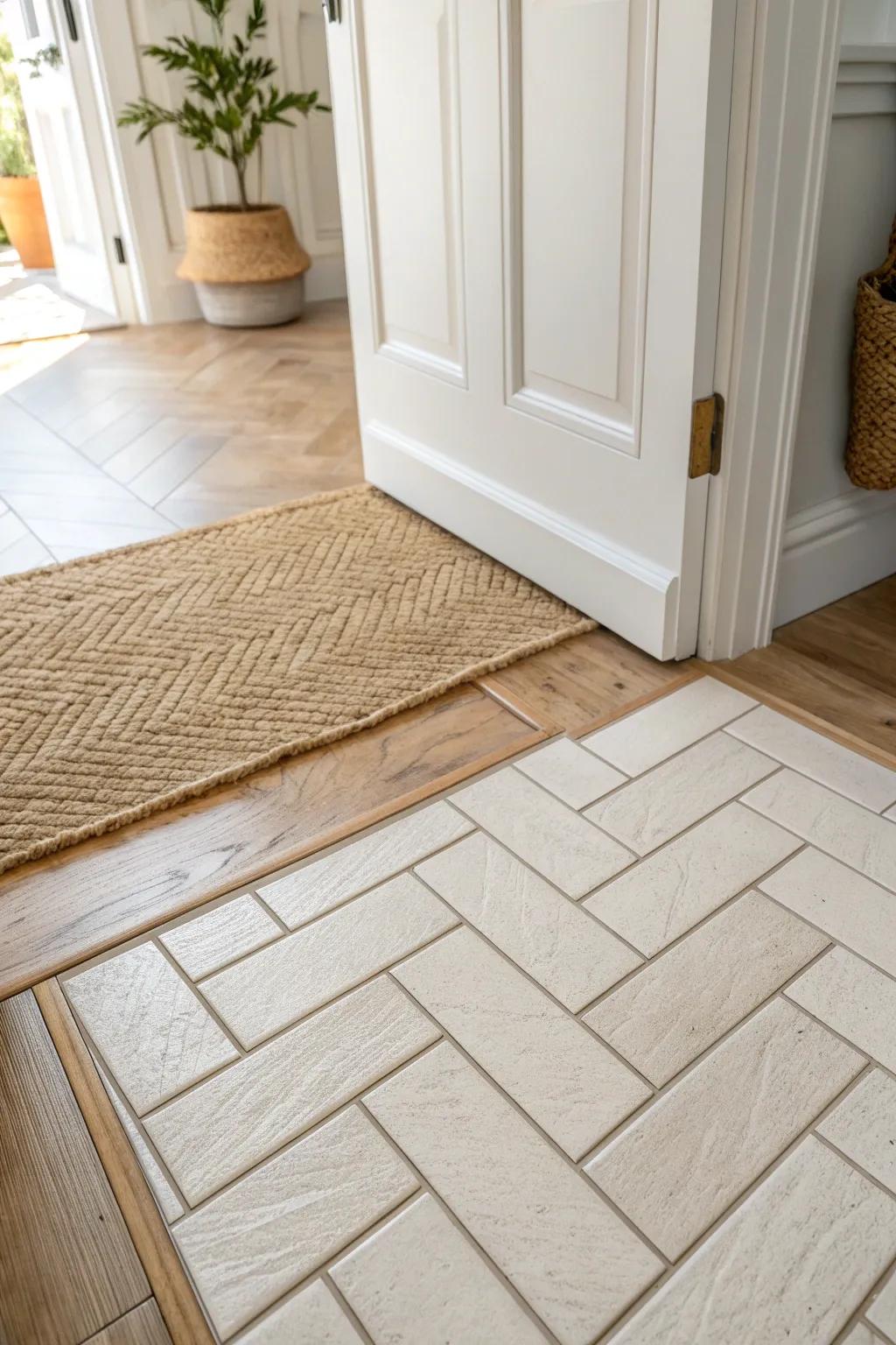 Diagonal foyer tiles make narrow entryways feel wider—simple, bright, and beautifully minimal.