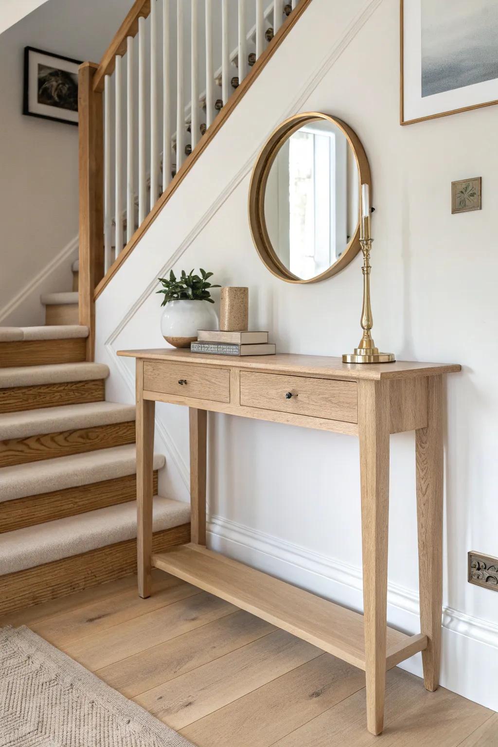 A slim handcrafted console turns the stair nook into a polished, welcoming entry moment.