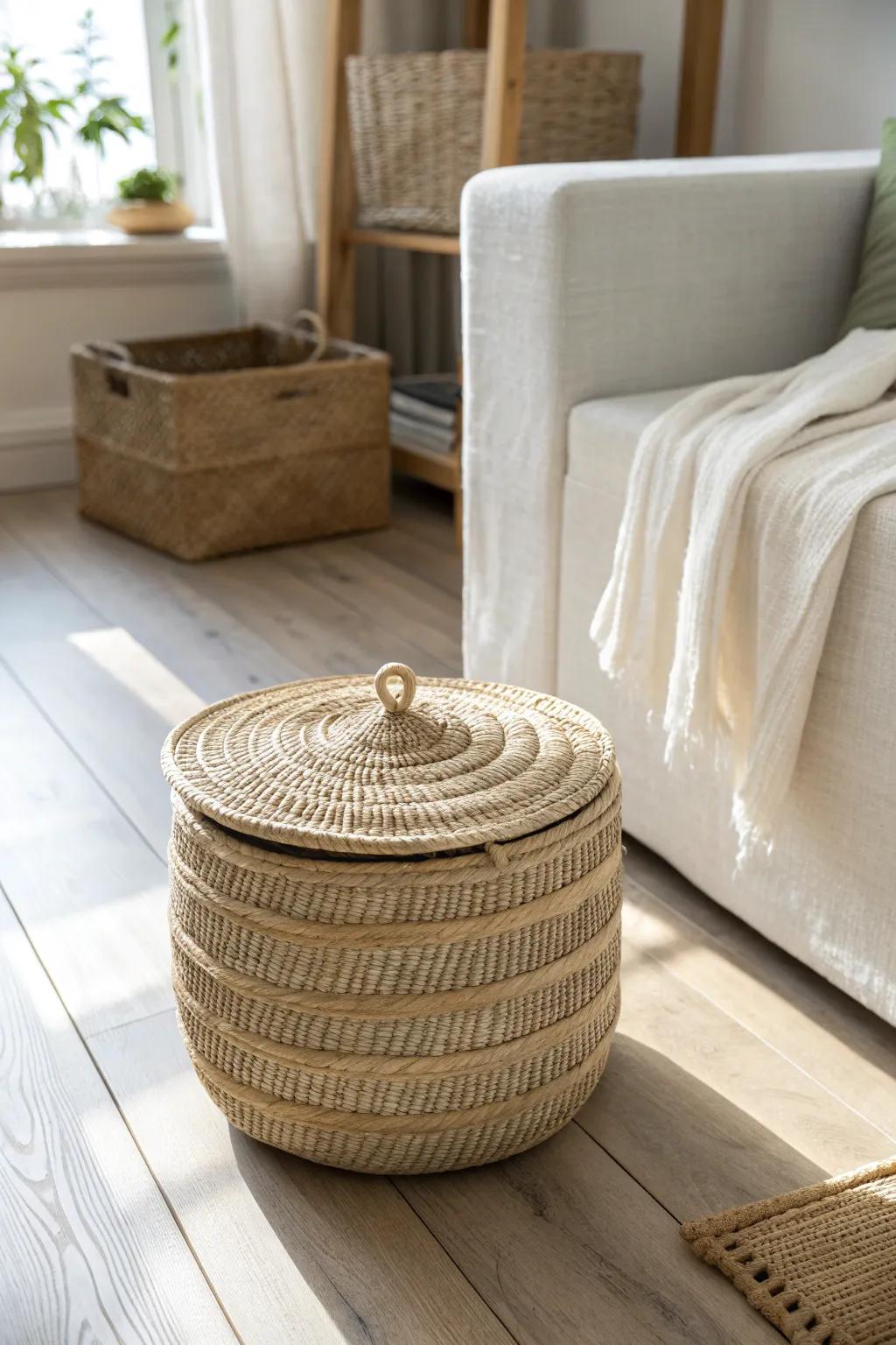 A pretty lidded basket that hides toys fast—your two‑minute family-room reset.