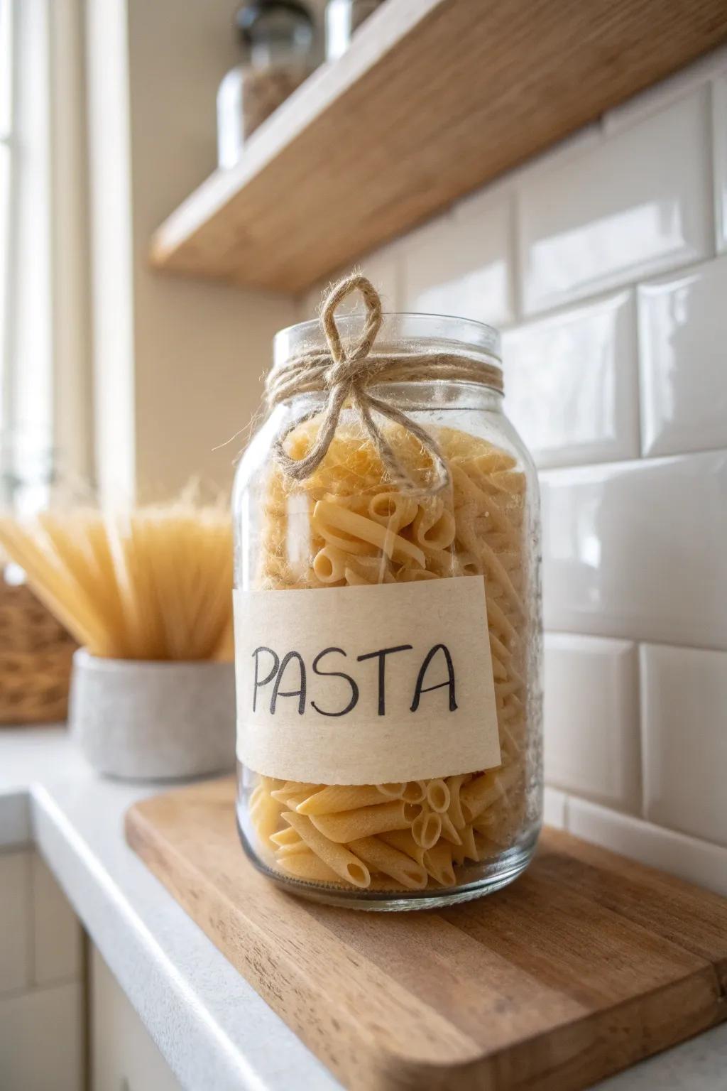 Budget farmhouse pantry upgrade: one clear jar + simple label for instant cozy order.