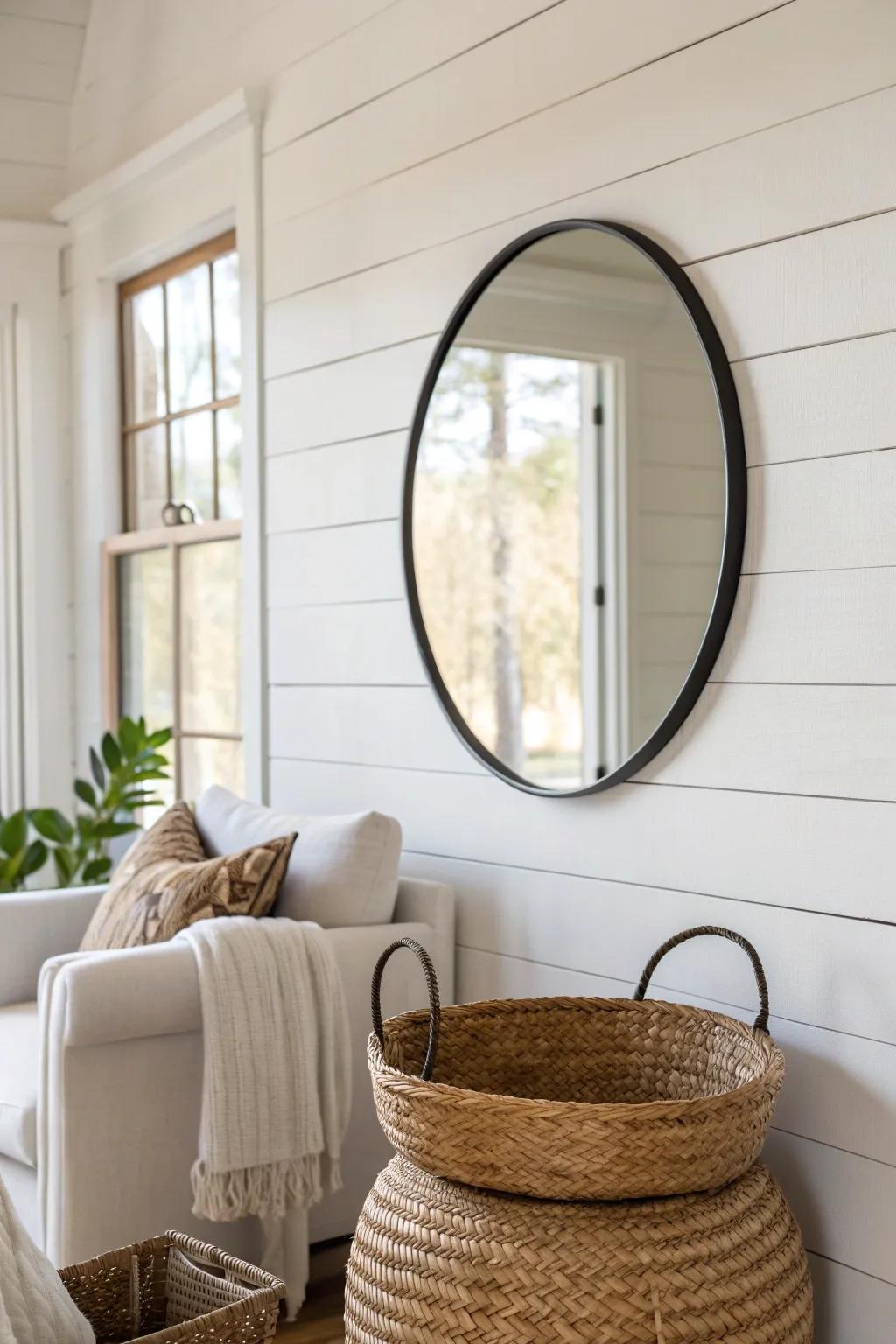 A large round mirror doubles light and makes a small farmhouse wall feel taller.