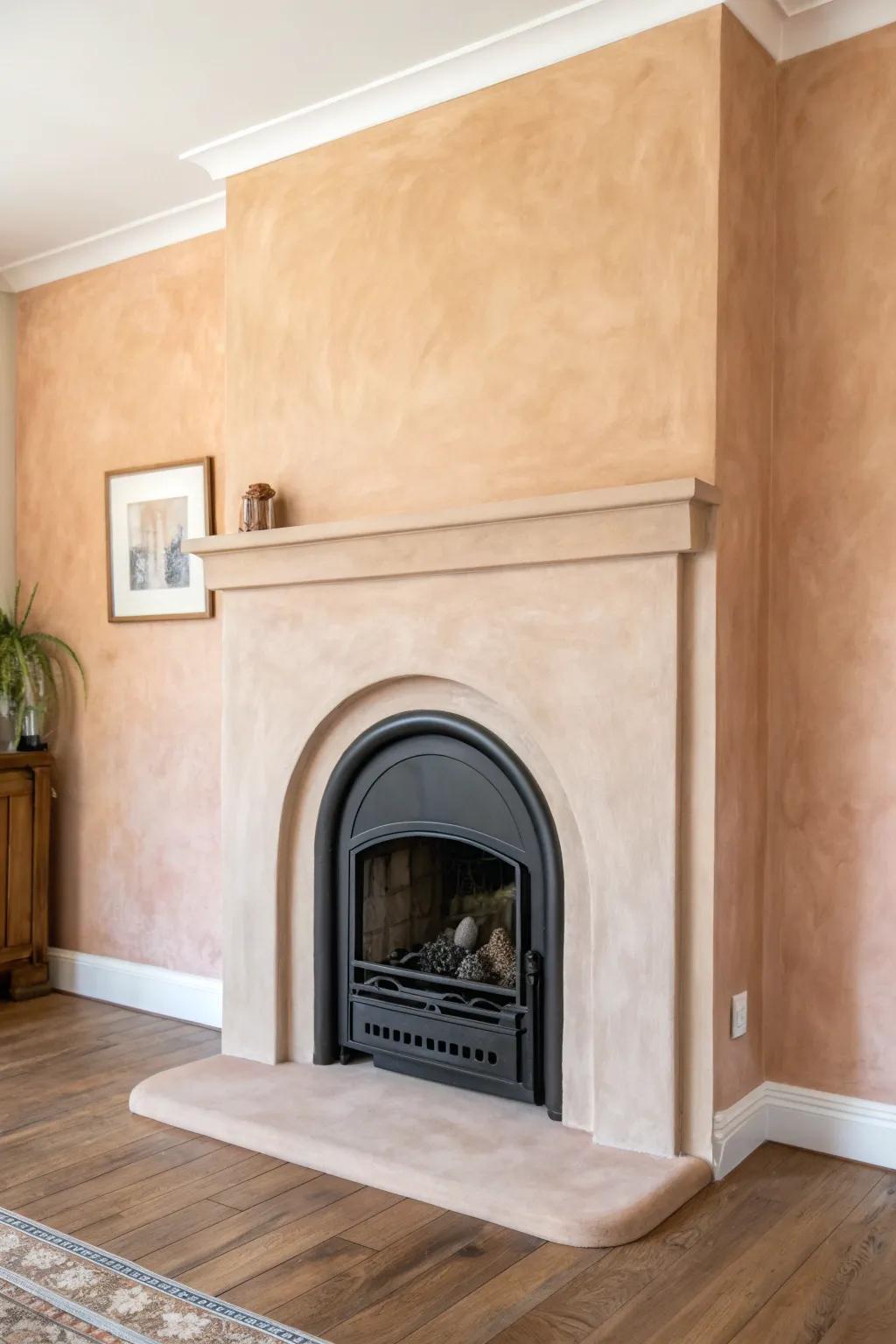 Color-drenched fireplace wall: one soft hue, crisp shadows, and small-space calm.