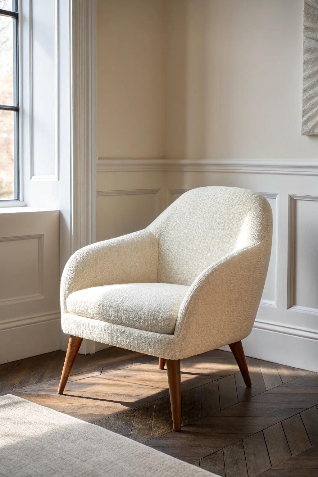 Warm ivory boucle chair against soft greige walls—light, airy, and polished for small formal rooms.