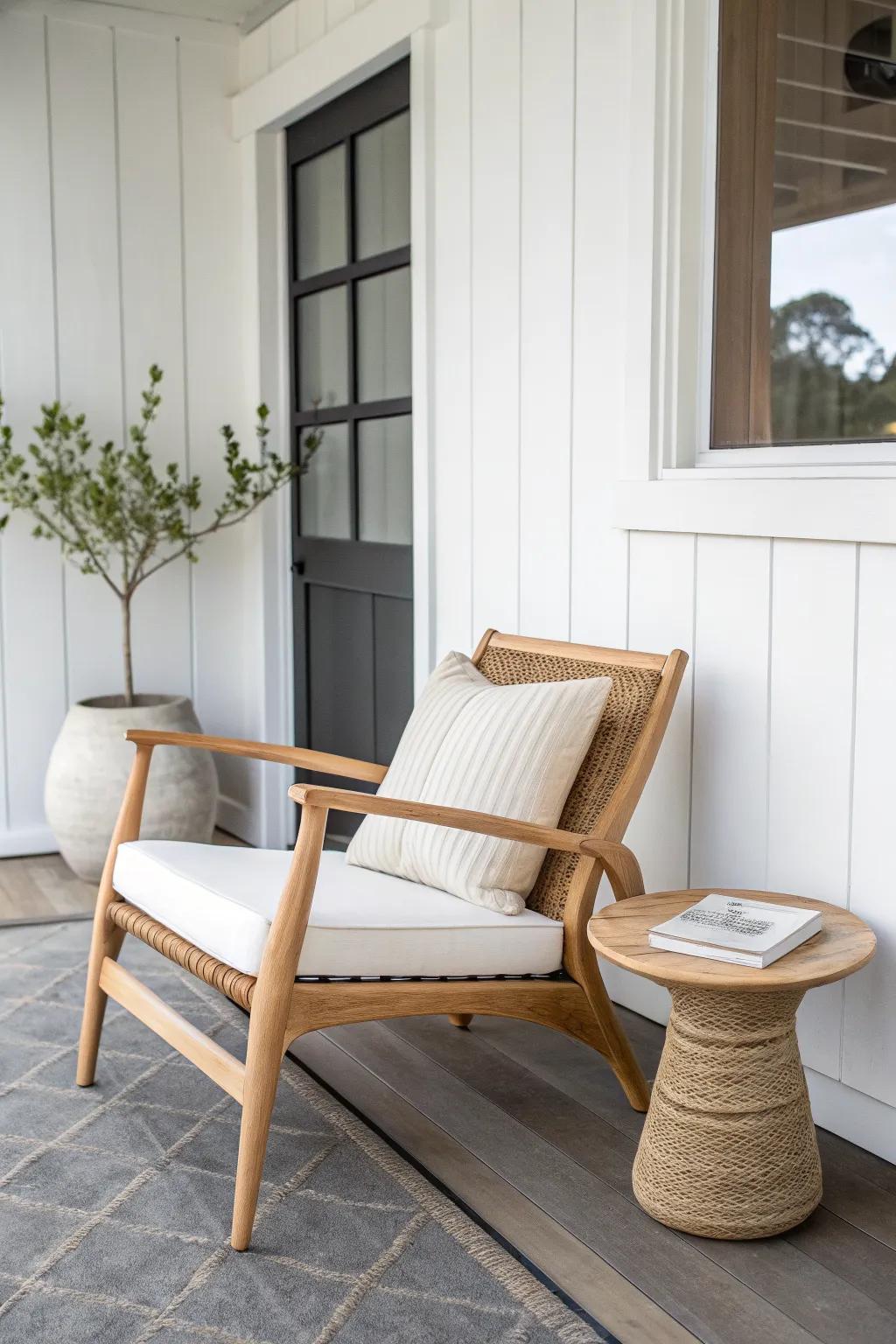 One statement chair + tiny stool creates a lounge corner for the smallest front porch.