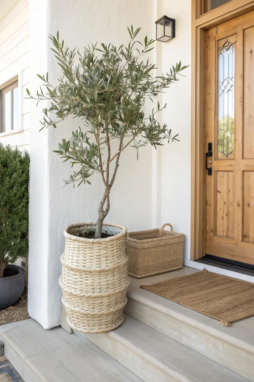 One oversized planter turns a tiny front step into a calm, curated Scandinavian moment.