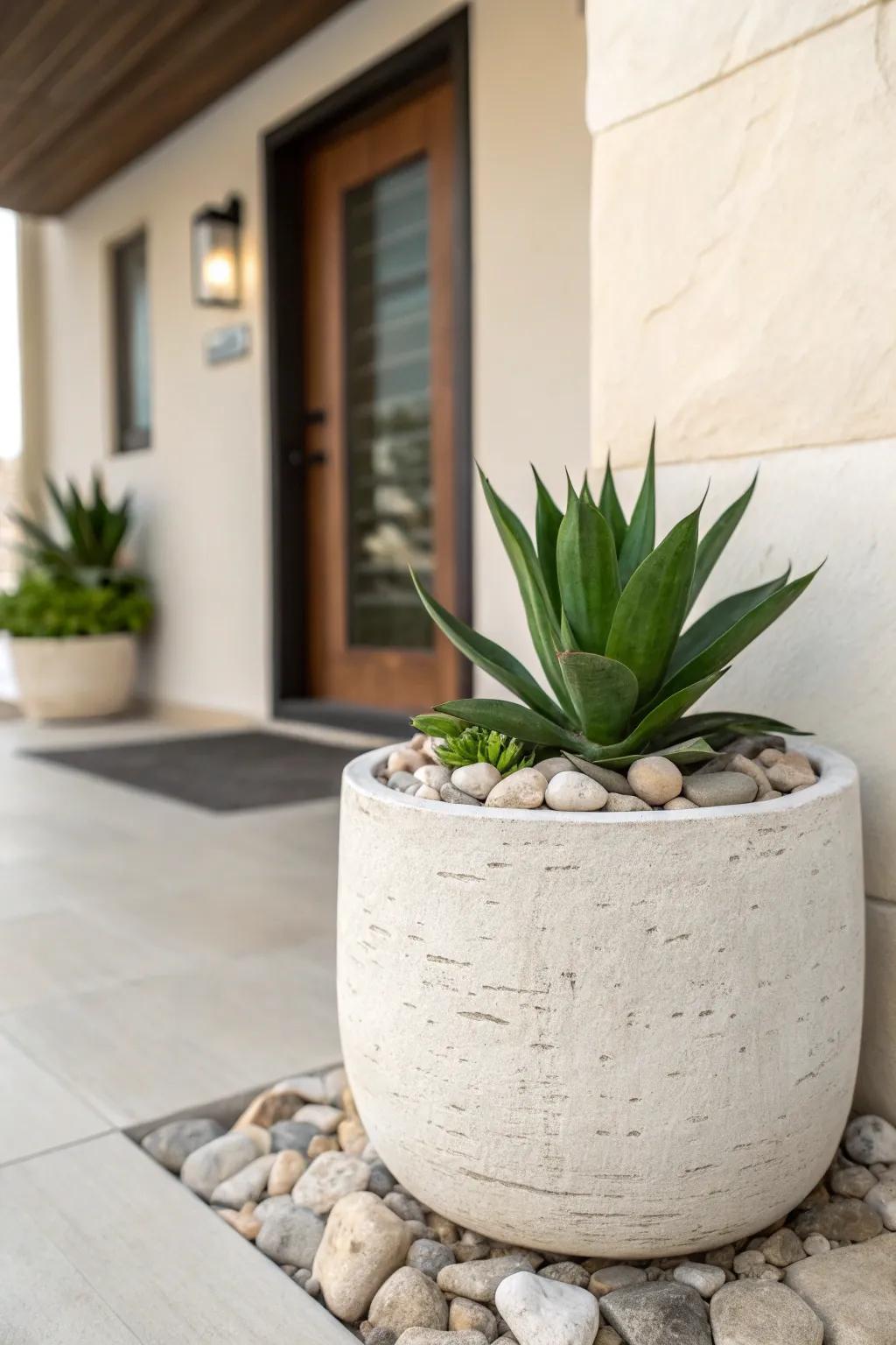 Trade lawn for pale gravel and a sculptural planter—instant modern townhouse curb appeal.