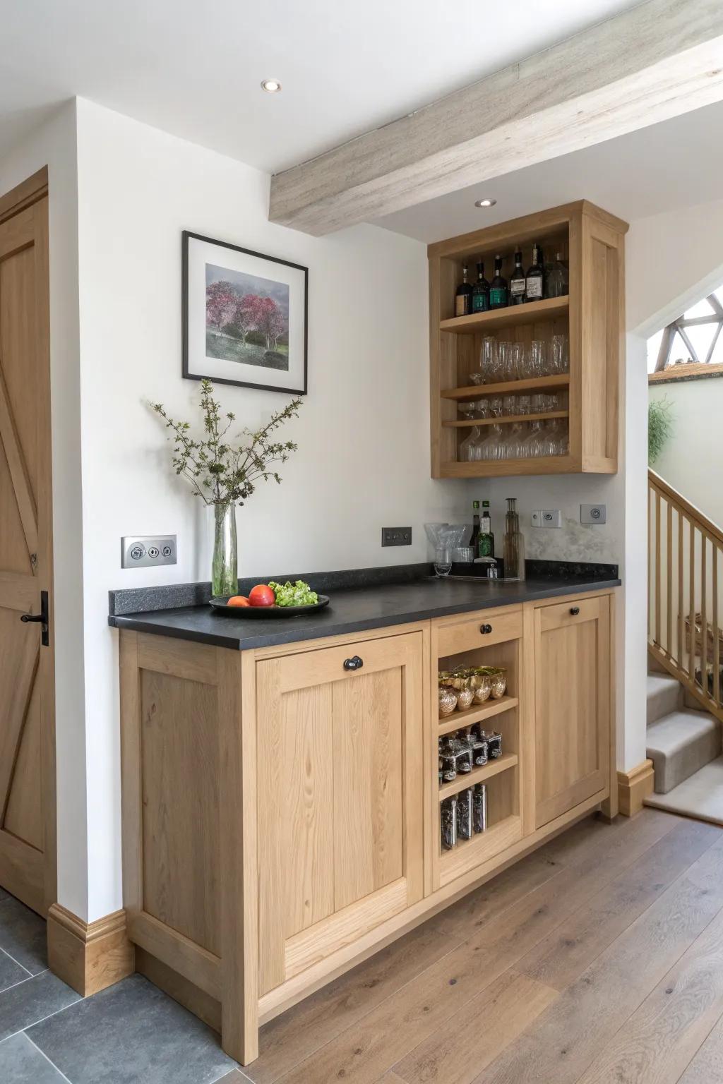 A tiny L-shaped nook bar that turns an alcove into a chic game-room service corner.