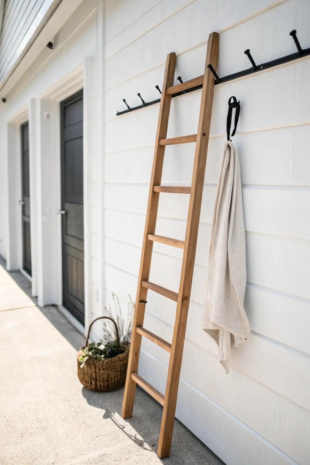 Store ladders flat up high—sleek wall hooks keep your small garage clear, calm, and safe.
