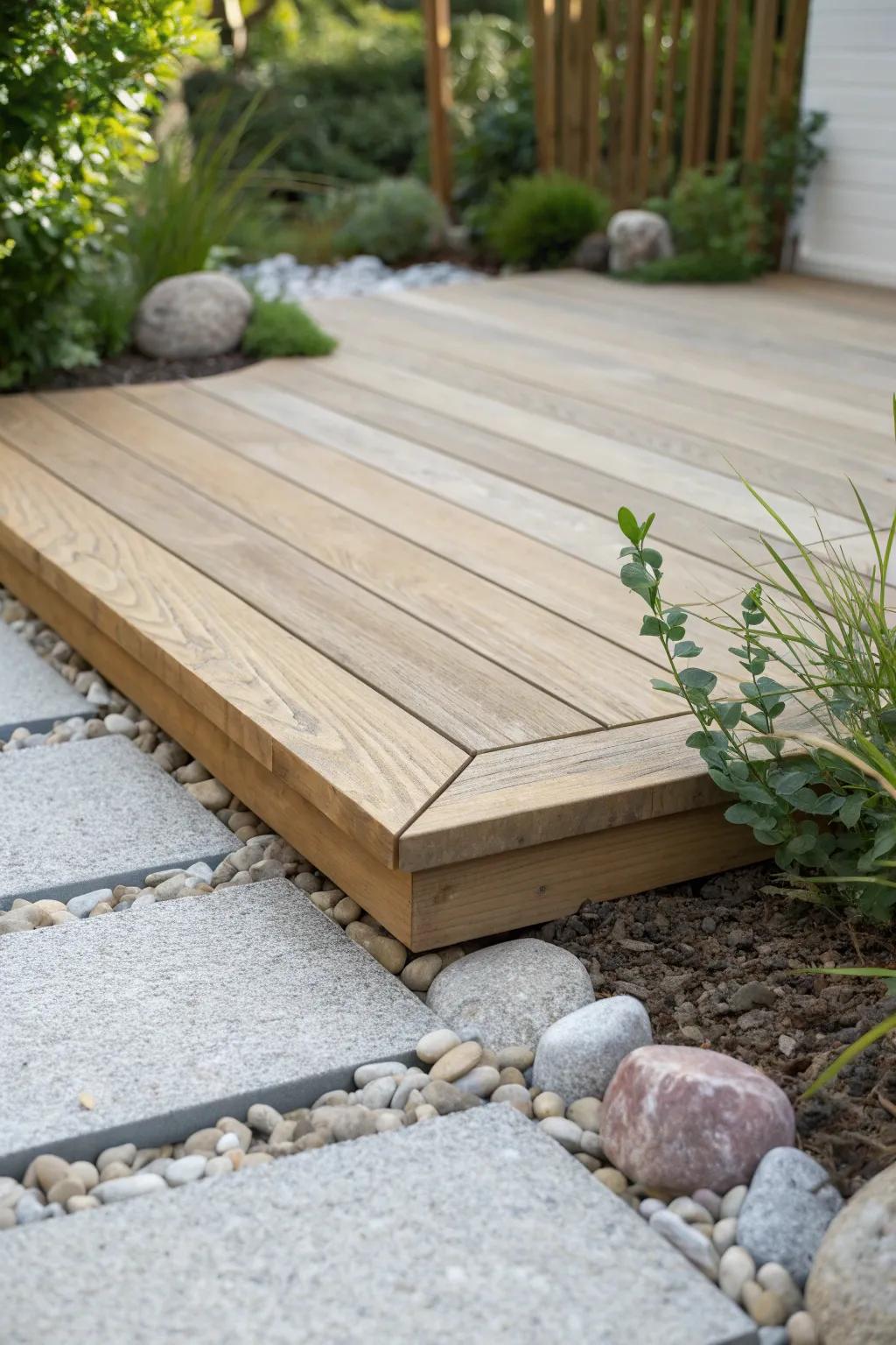 Wood decking + pale gravel + pavers: a simple mix that makes tiny gardens feel bigger.