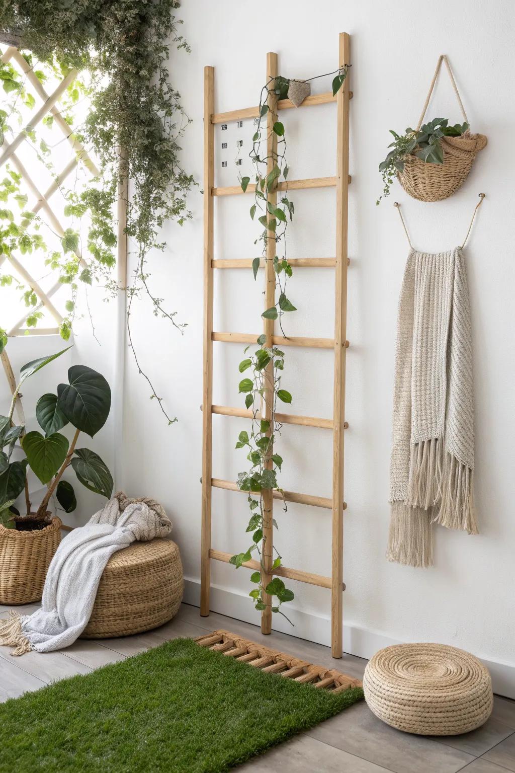 A vertical trellis + soft artificial turf gives tiny spaces a lush garden vibe—no floor lost.