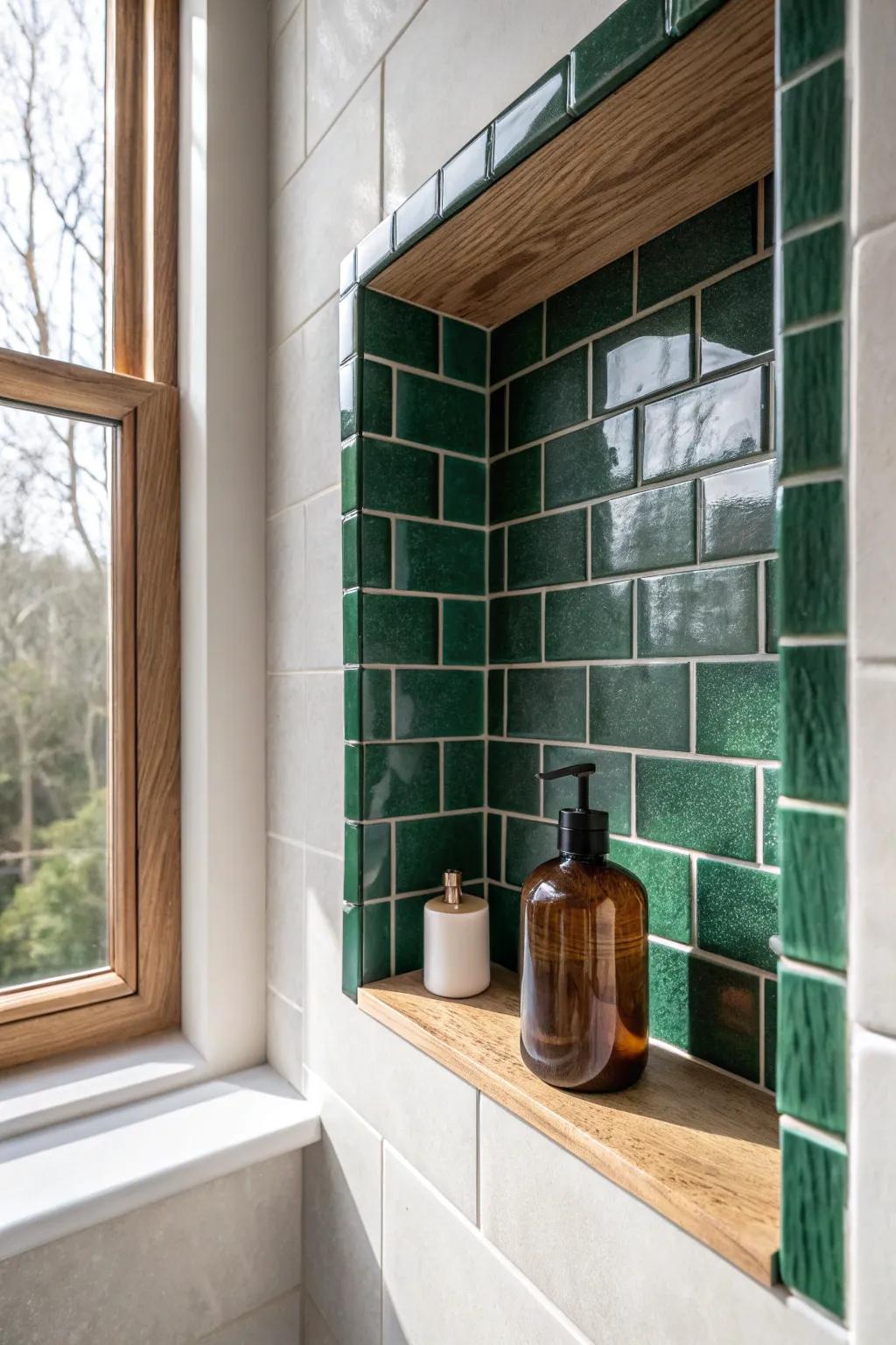 A deep-green tiled shower niche turns small-space storage into a chic focal point.