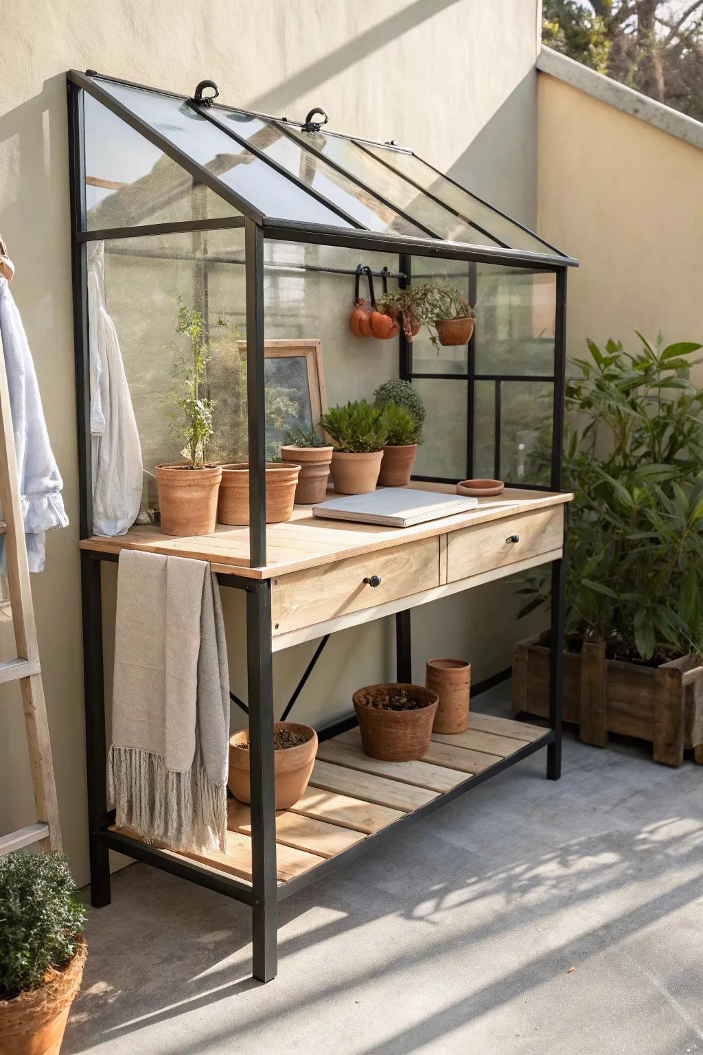 A tiny greenhouse with a built-in potting bench—small-space friendly and beautifully practical.