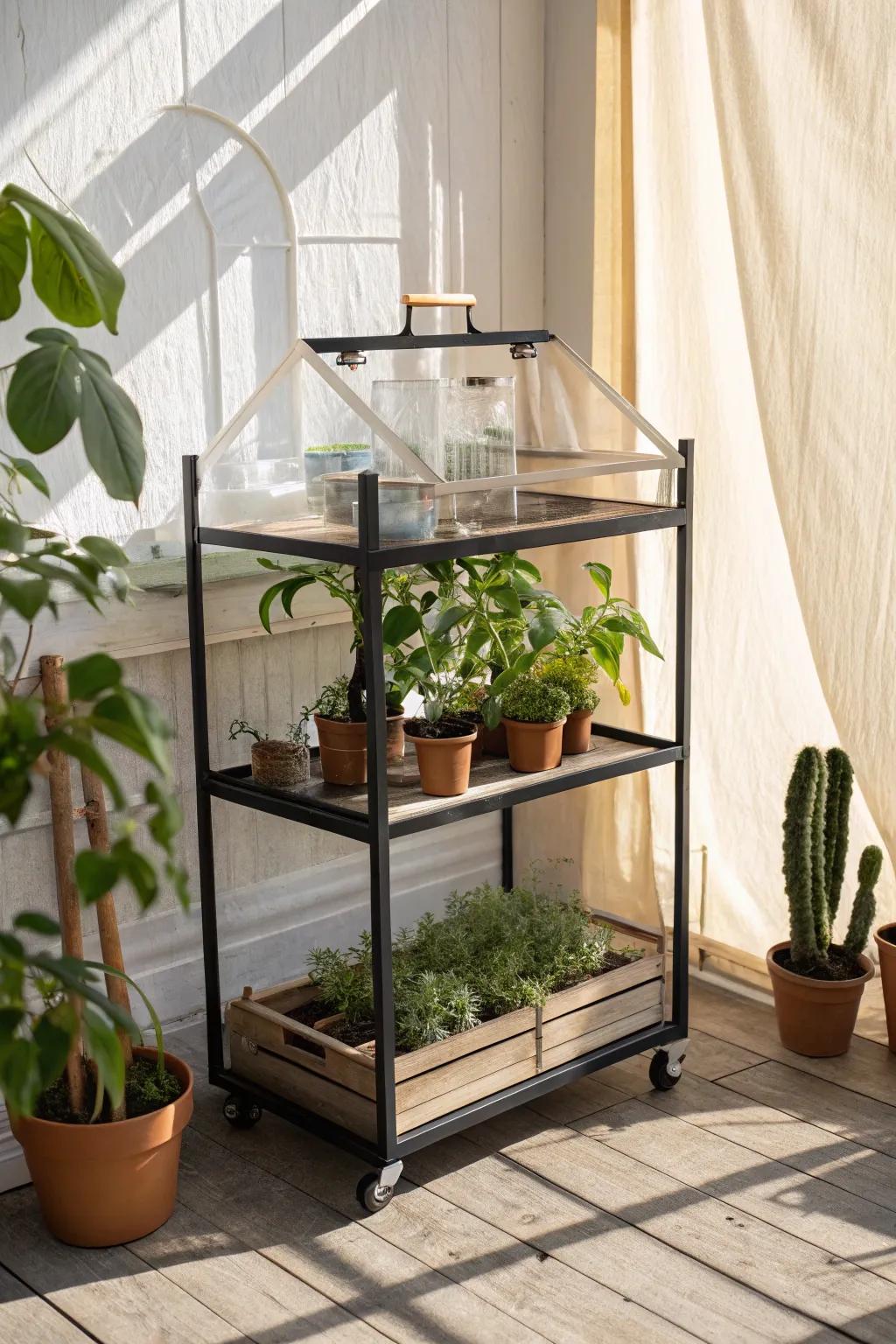 A rolling cart mini greenhouse that follows the light—beautiful, compact, and plant-friendly.