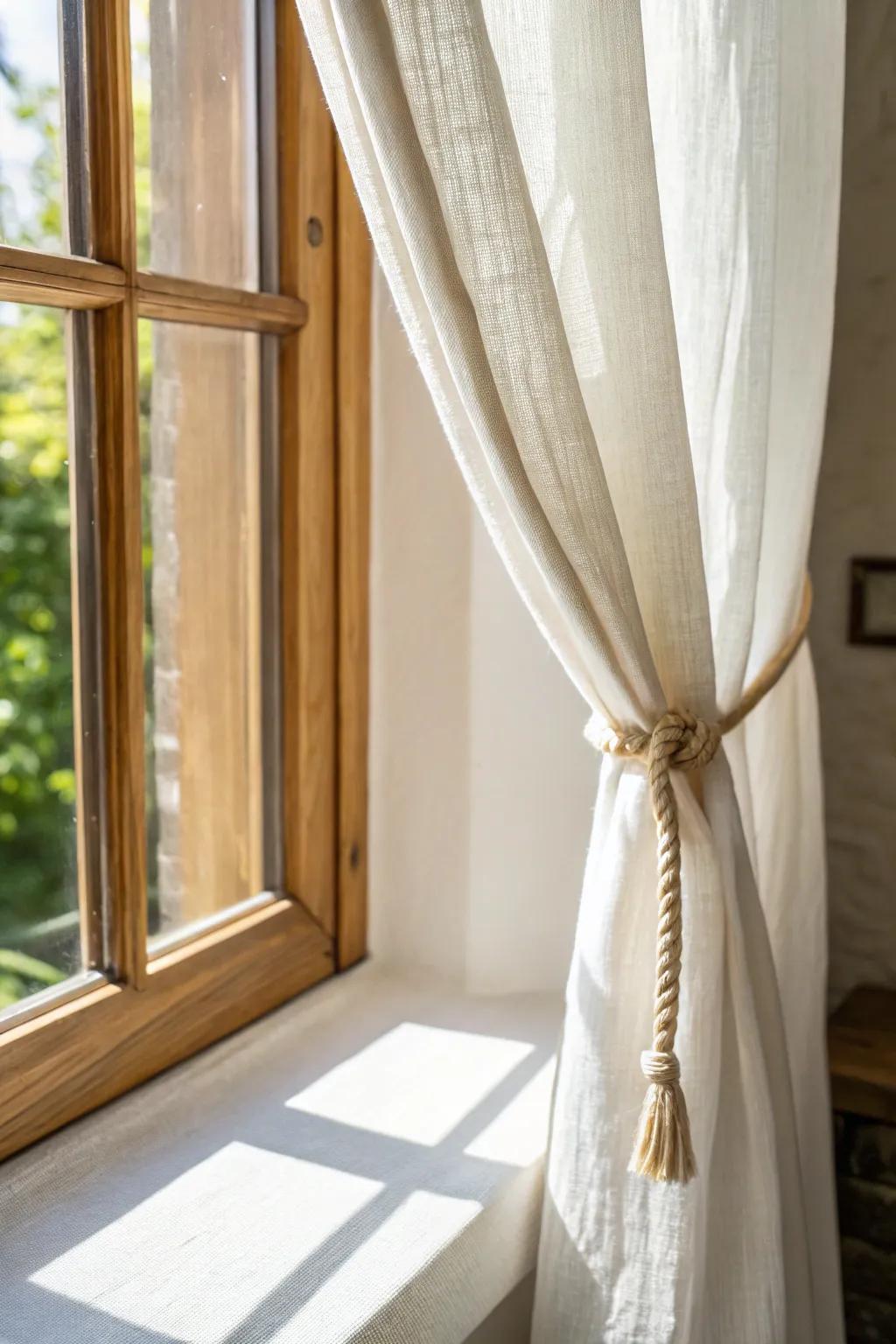 Sheer linen curtains keep a small guest room window open, bright, and effortlessly airy.
