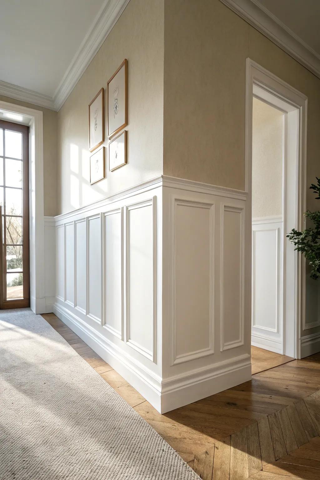 Simple wall molding adds instant polish—perfect texture for a narrow hallway makeover.