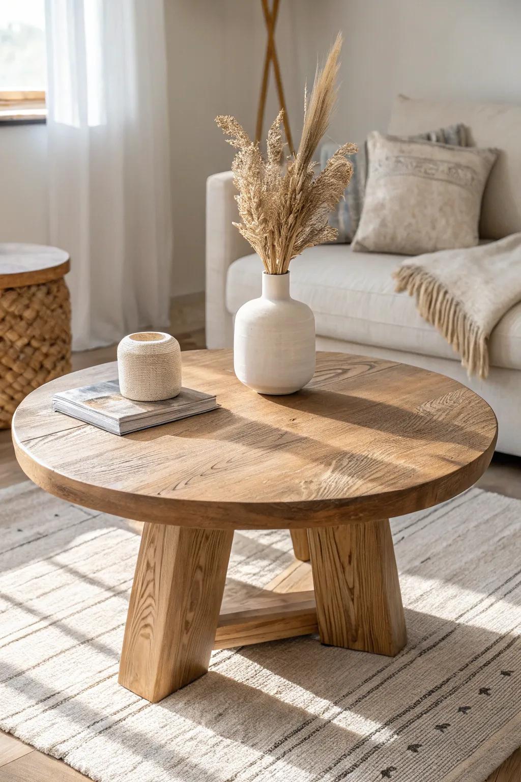 A round coffee table softens a small living room and keeps walkways clear and bruise-free.