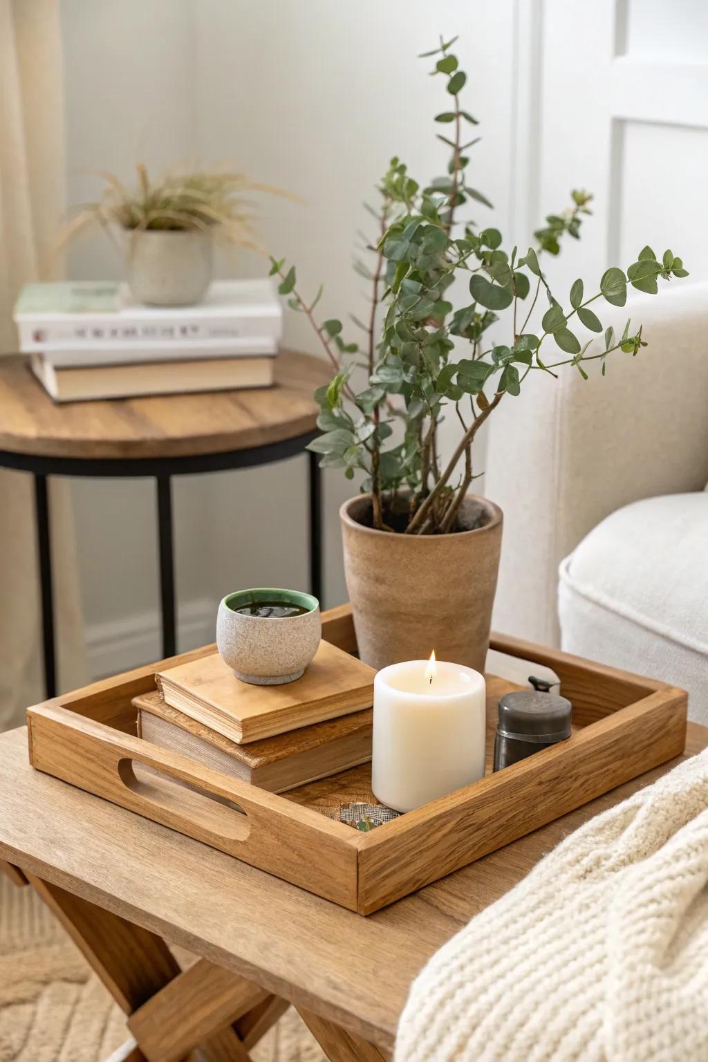 A simple tray with three cozy essentials keeps a small living room calm and inviting.