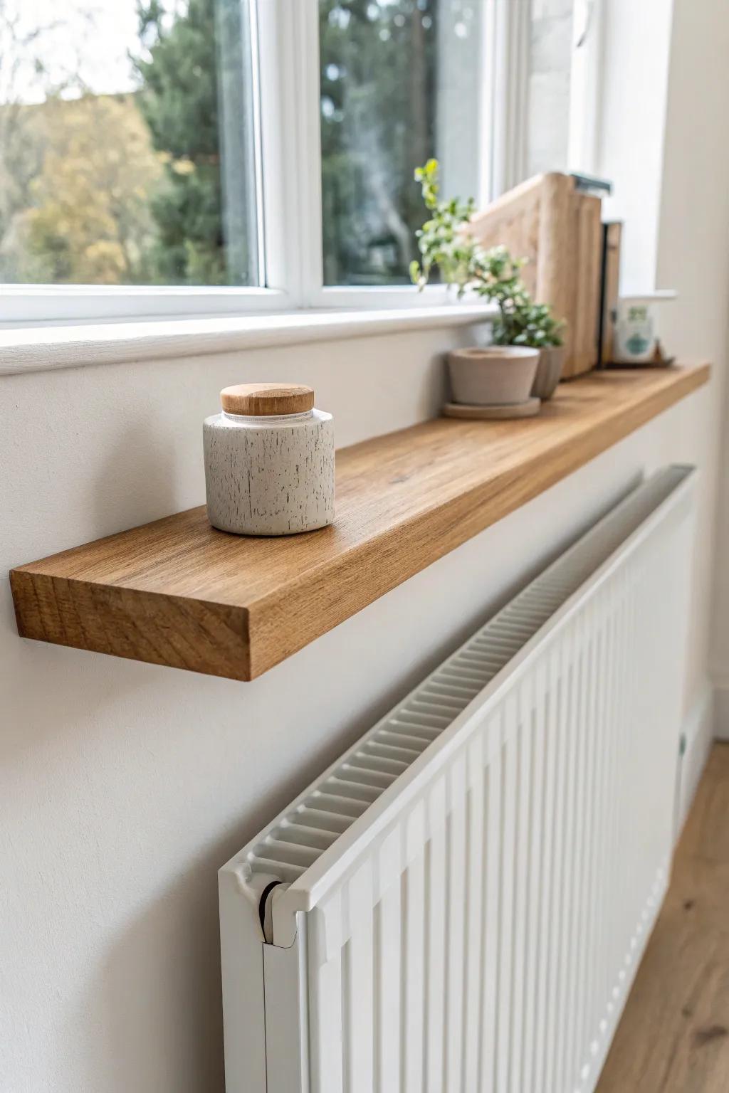 Turn dead wall space into storage with a slim floating shelf above the radiator.