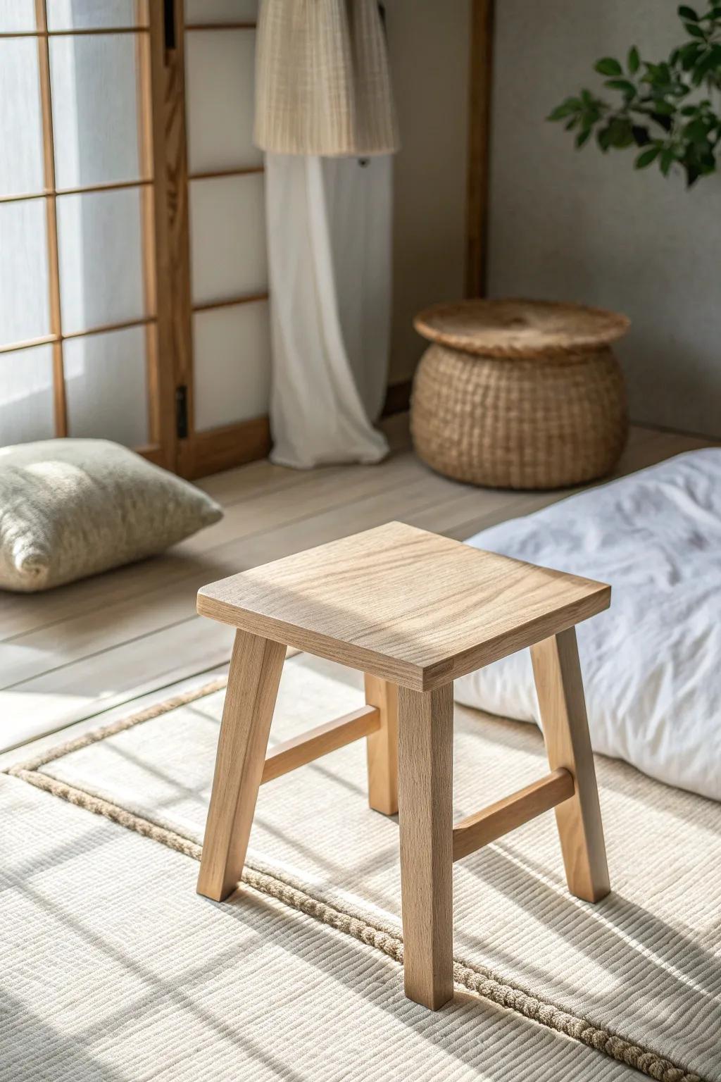 Swap the bulky nightstand for a low wooden stool—Japanese calm, more space, less clutter.