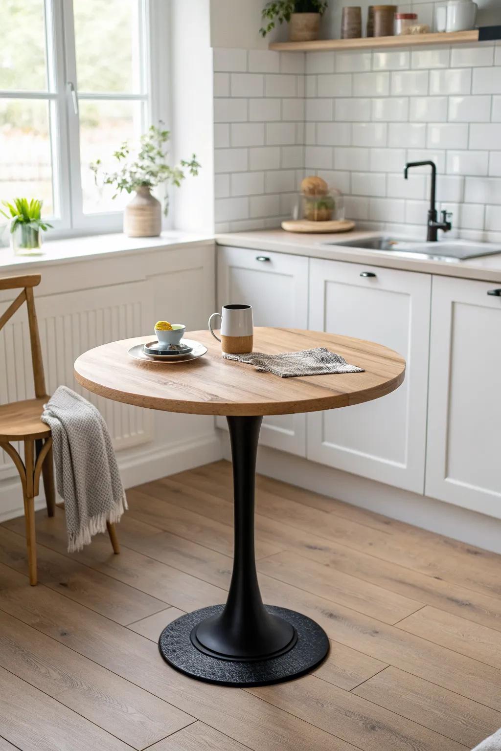A petite table at the end of a galley kitchen creates a dining spot without blocking flow.