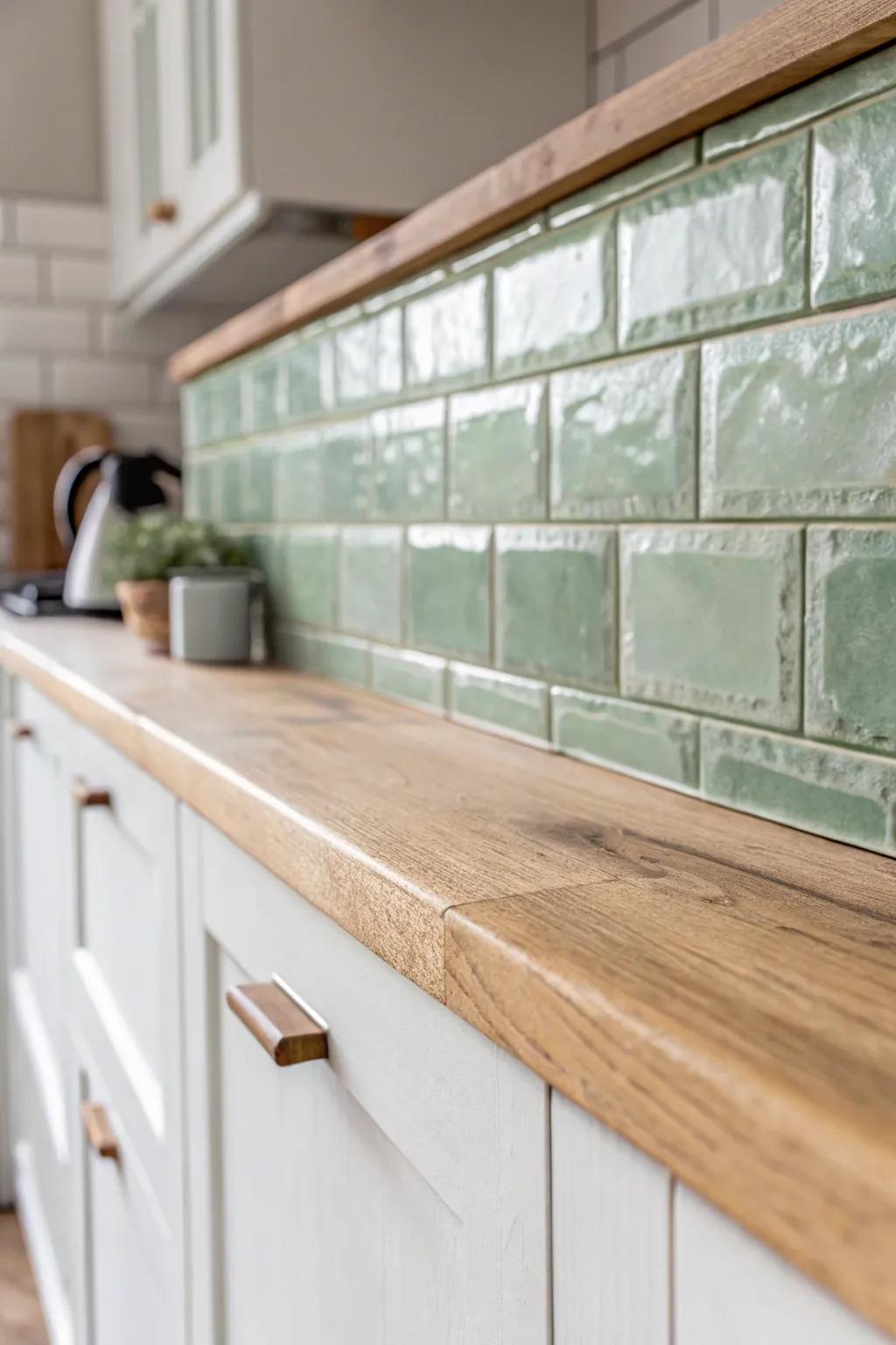 Muted sage-green backsplash tile: a fresh, calming pop that pairs beautifully with warm wood.