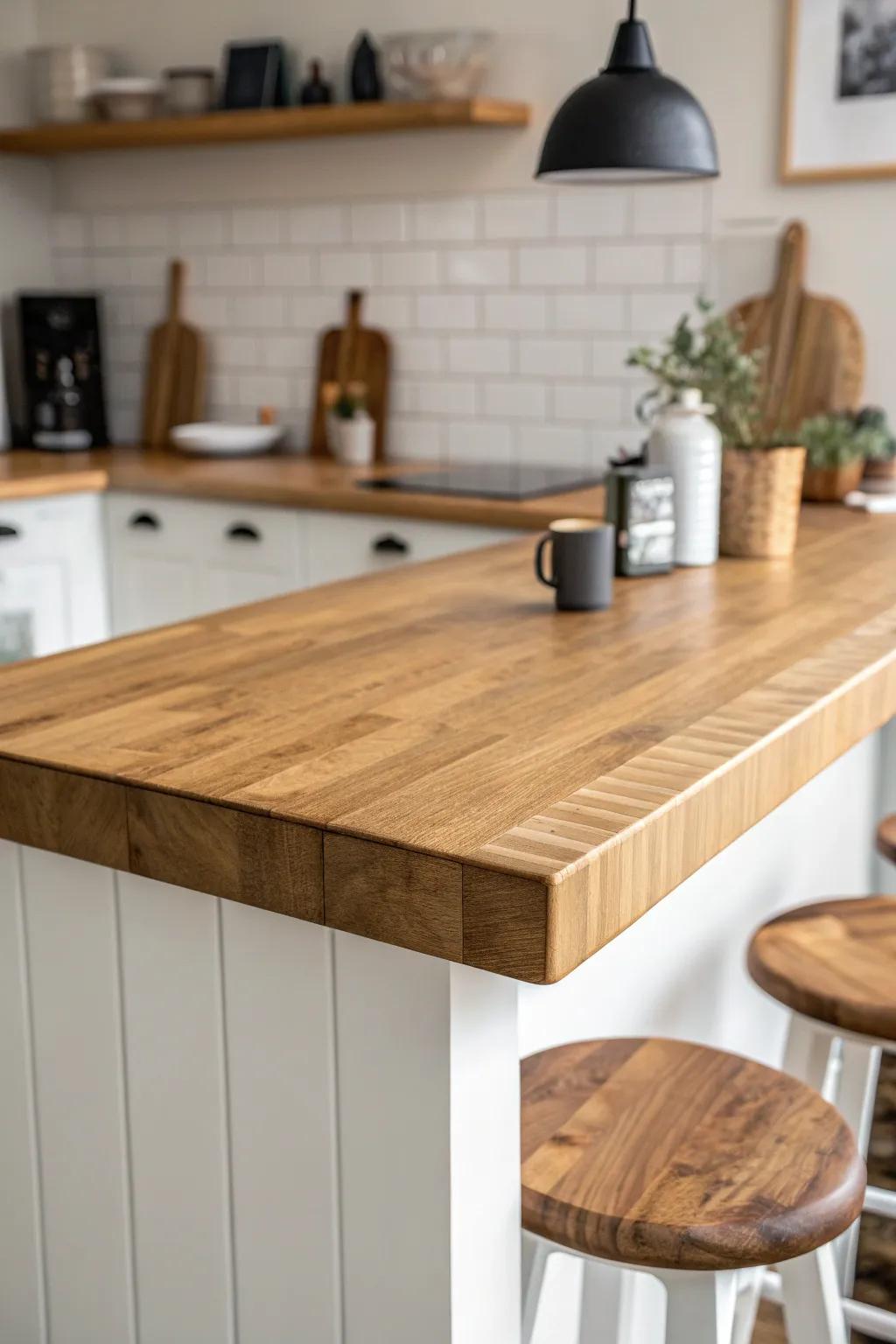 Warm up a tiny kitchen with a handcrafted butcher block bar—minimal stools, maximum cozy.