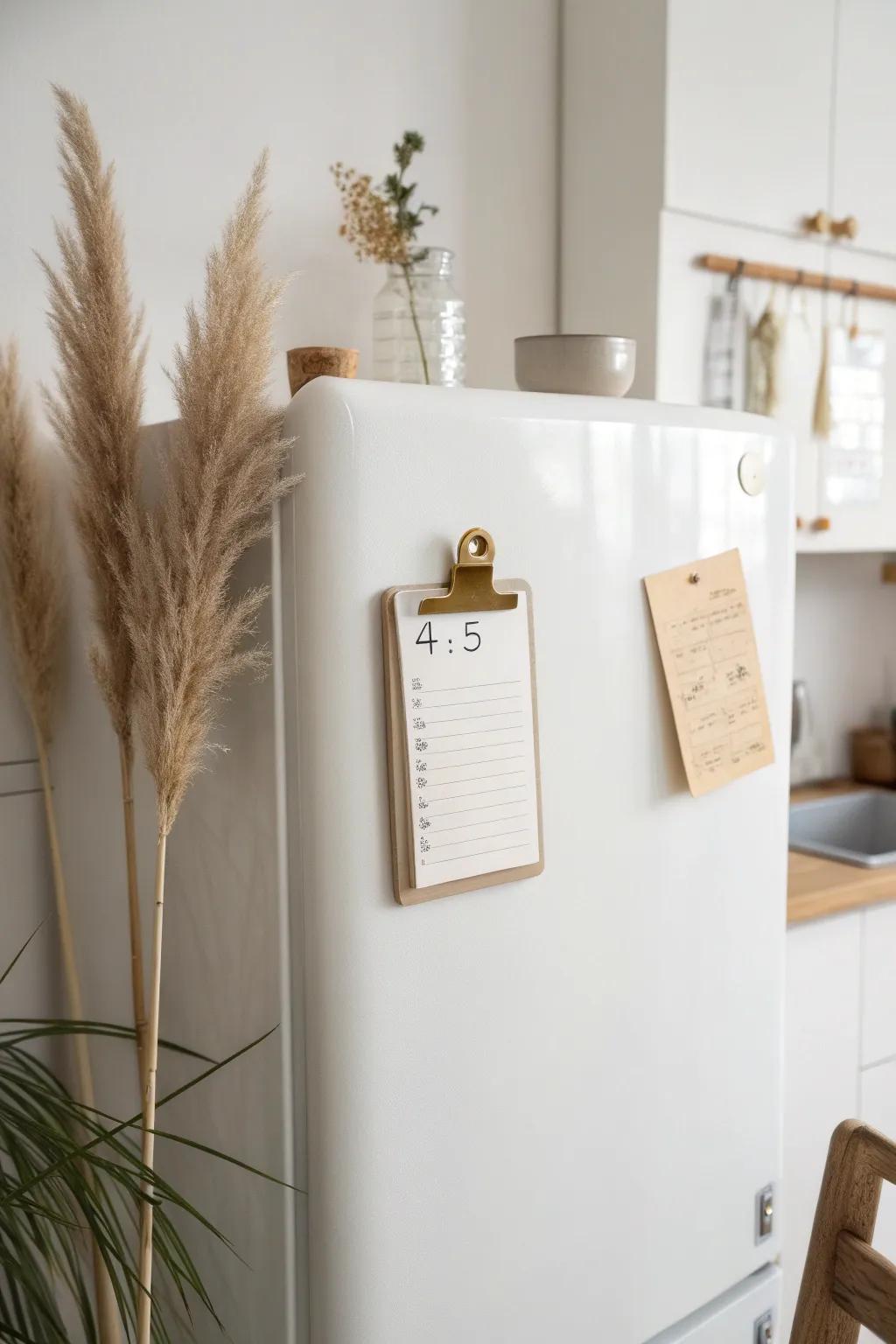 Make your tiny fridge door a chic command center—magnetic lists keep counters clear.