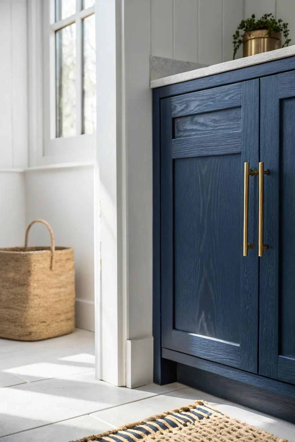 Deep navy cabinets, bright walls—tiny kitchen turns into a polished jewelry box.