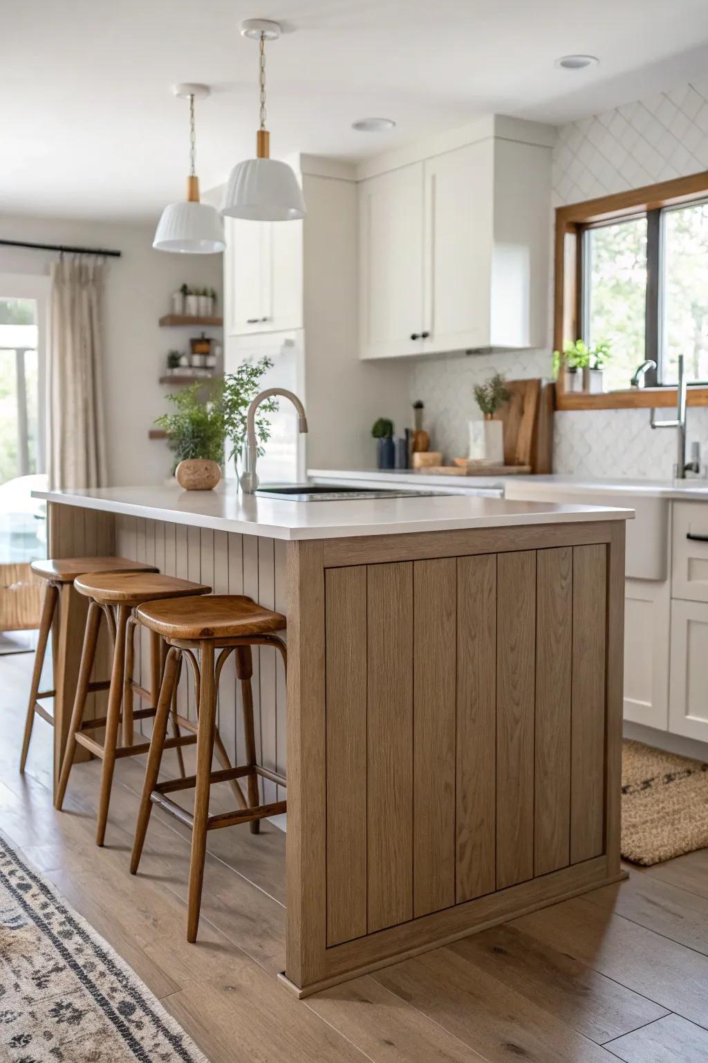 Two-tone peninsula: light stone top + deeper base for instant zoning in a small open kitchen.