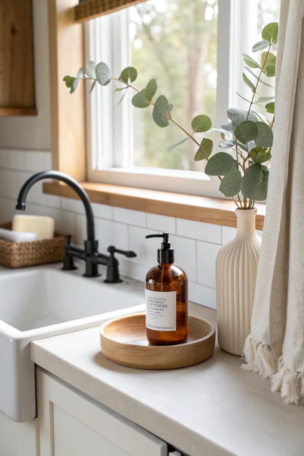 Turn your over-sink window sill into a mini vignette: soap, a slim vase, and one sweet detail.