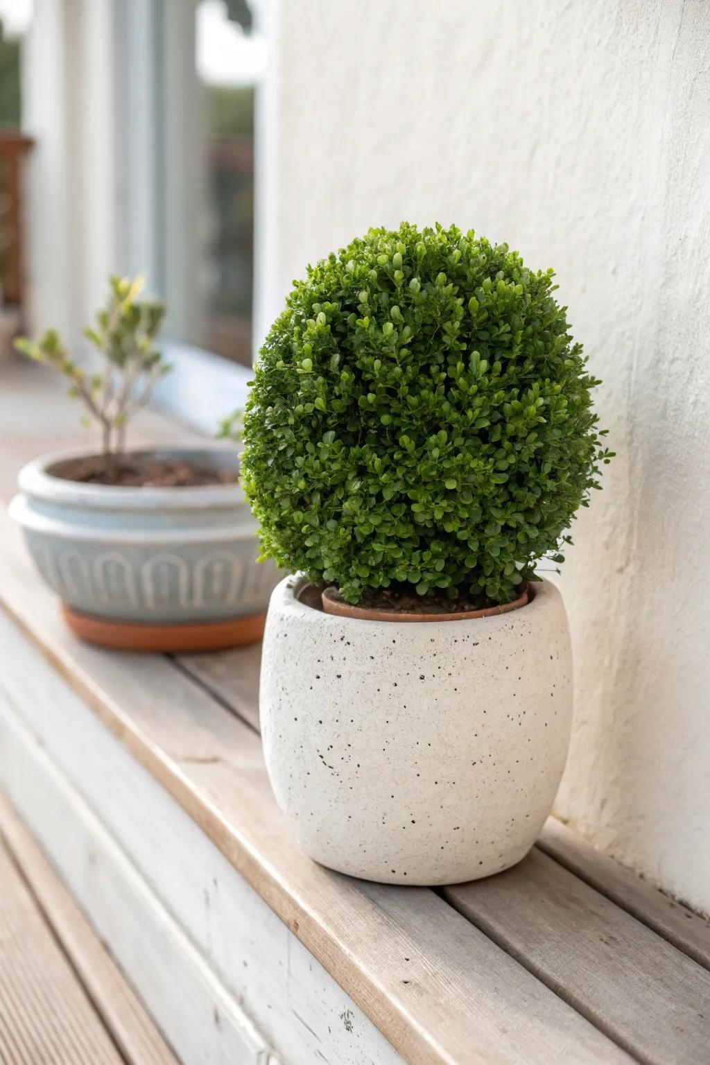 Go dwarf for a styled tiny yard—one low‑maintenance shrub in a handcrafted pot.
