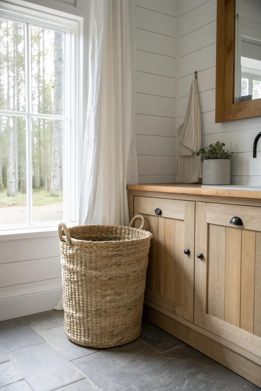 A woven hamper tucked under the window counter keeps small laundry rooms calm and clutter-free.