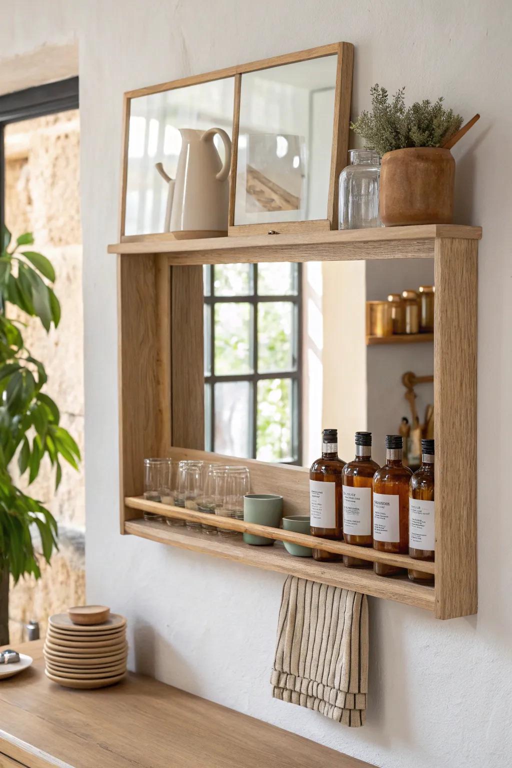 Mirror-backed mini bar shelf that bounces light and makes a small living room feel larger.