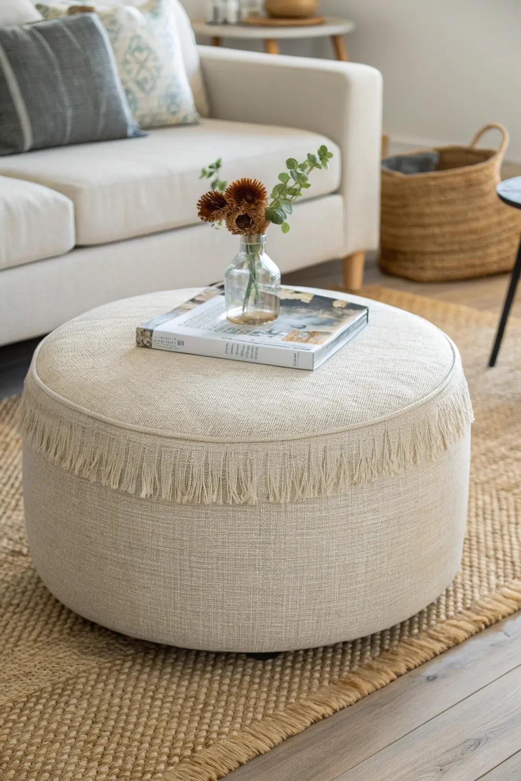 Swap sharp corners for a round ottoman—easy to walk around, plus a tray makes it a table.