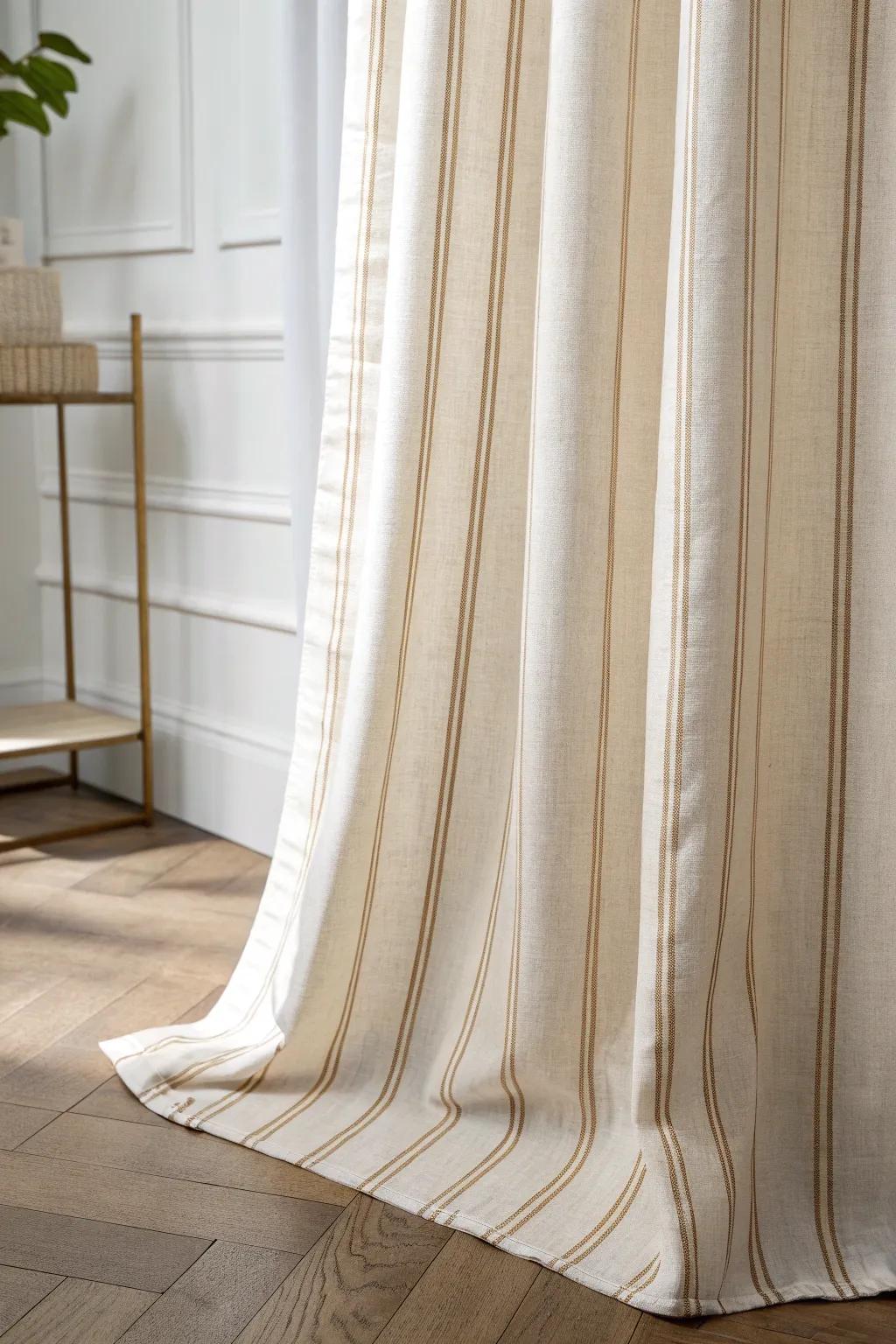 Soft vertical stripe linen curtains draw the eye up, making a small living room feel taller.