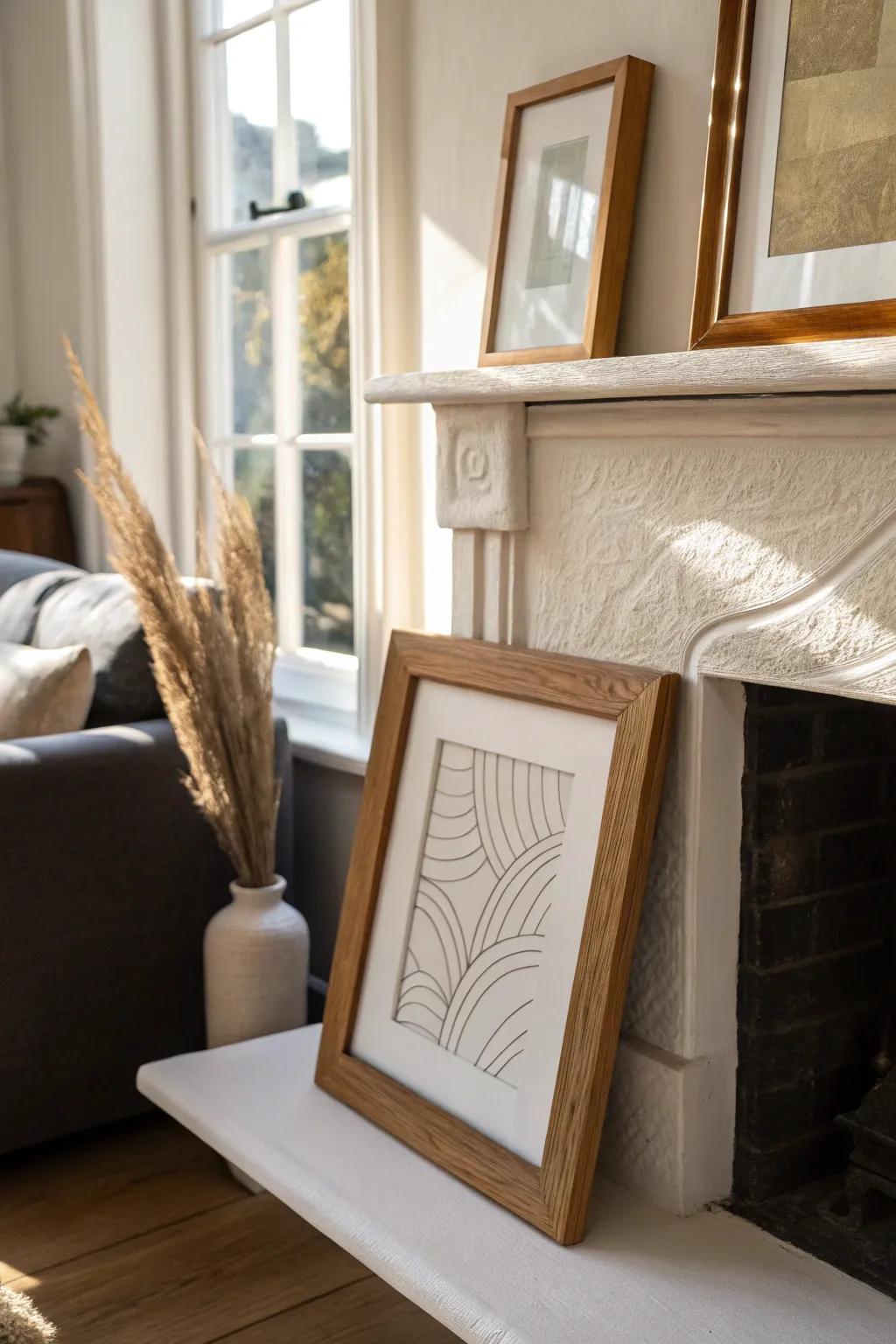 Lean one oversized frame on the mantel for an effortless, no-nails fireplace moment.