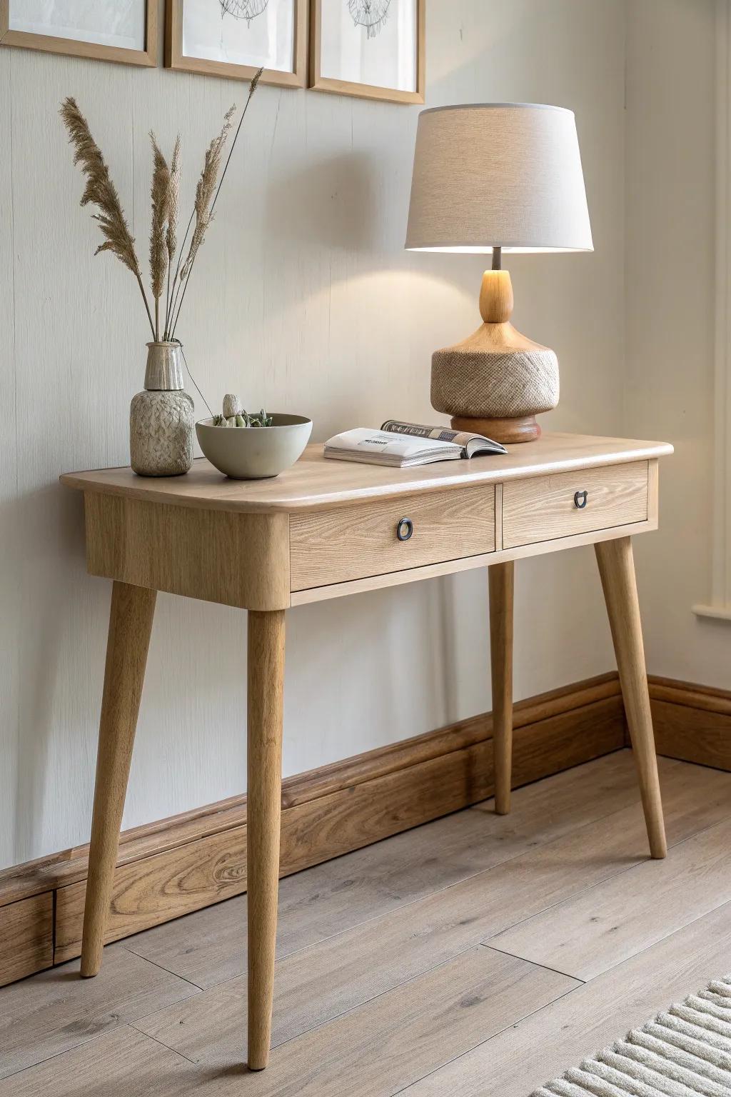 A slim console desk adds a work spot without overpowering your small living room.
