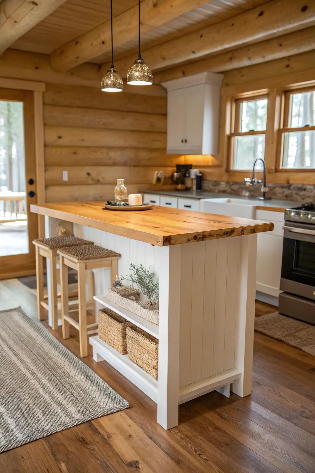 Slim cabin island: prep ledge by day, cozy breakfast bar by morning—small space perfection.
