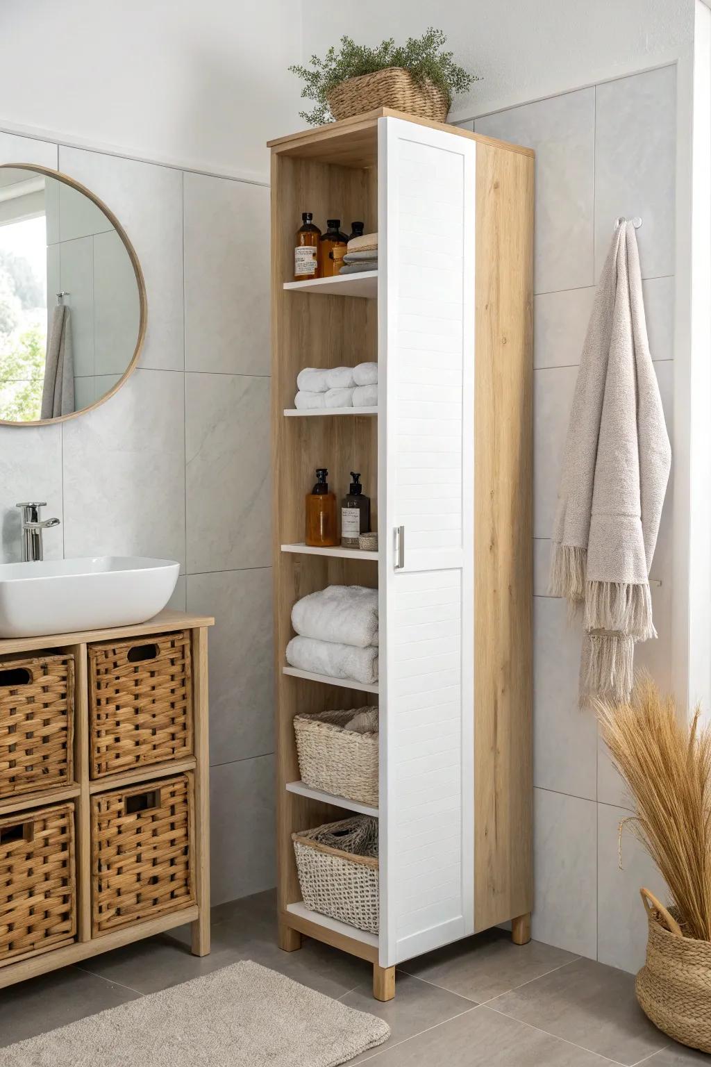 Go floor-to-ceiling: stash backups up high and keep daily essentials right at eye level.