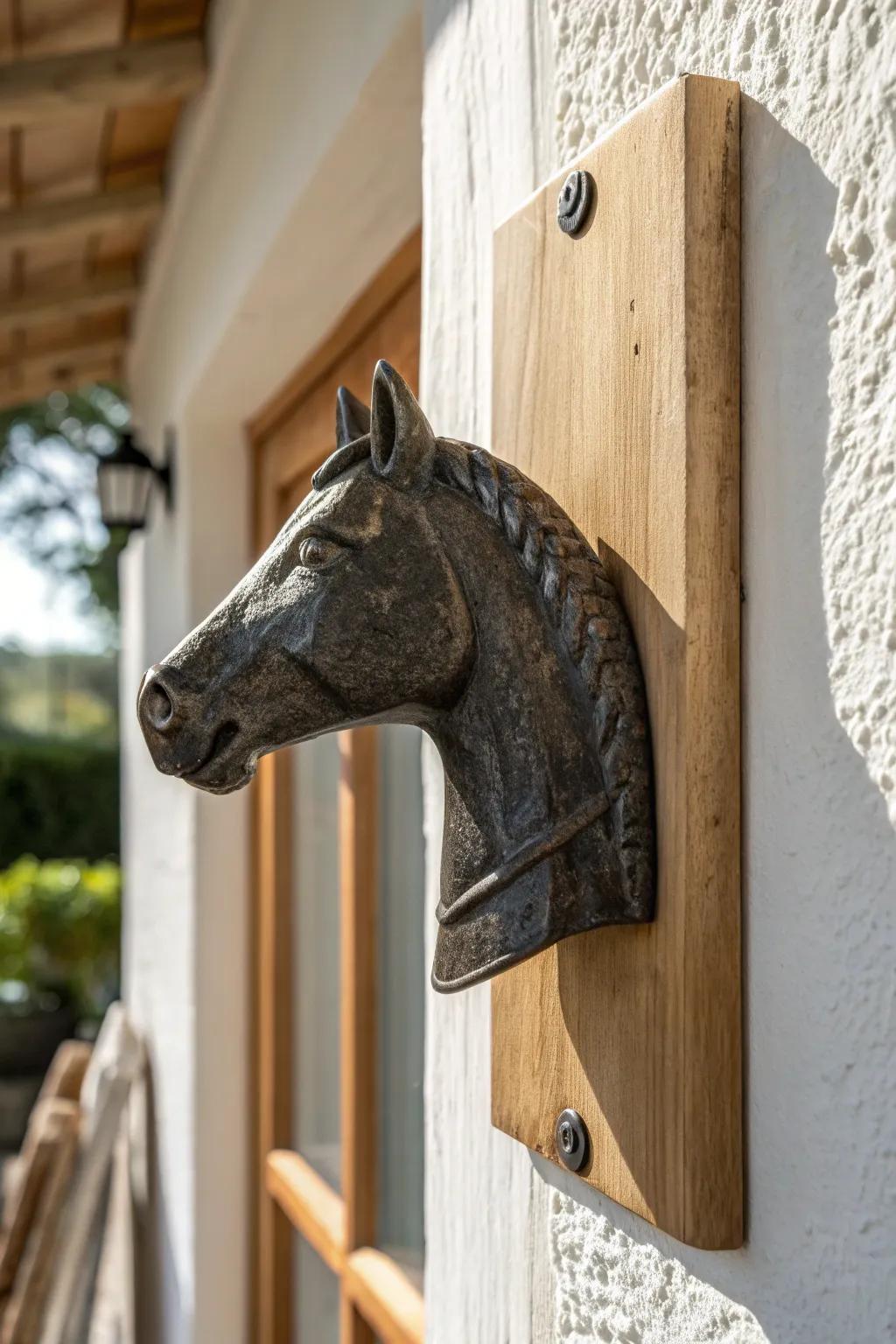 Mini metal horse head on oak—tiny wall art that elevates the smallest corner.