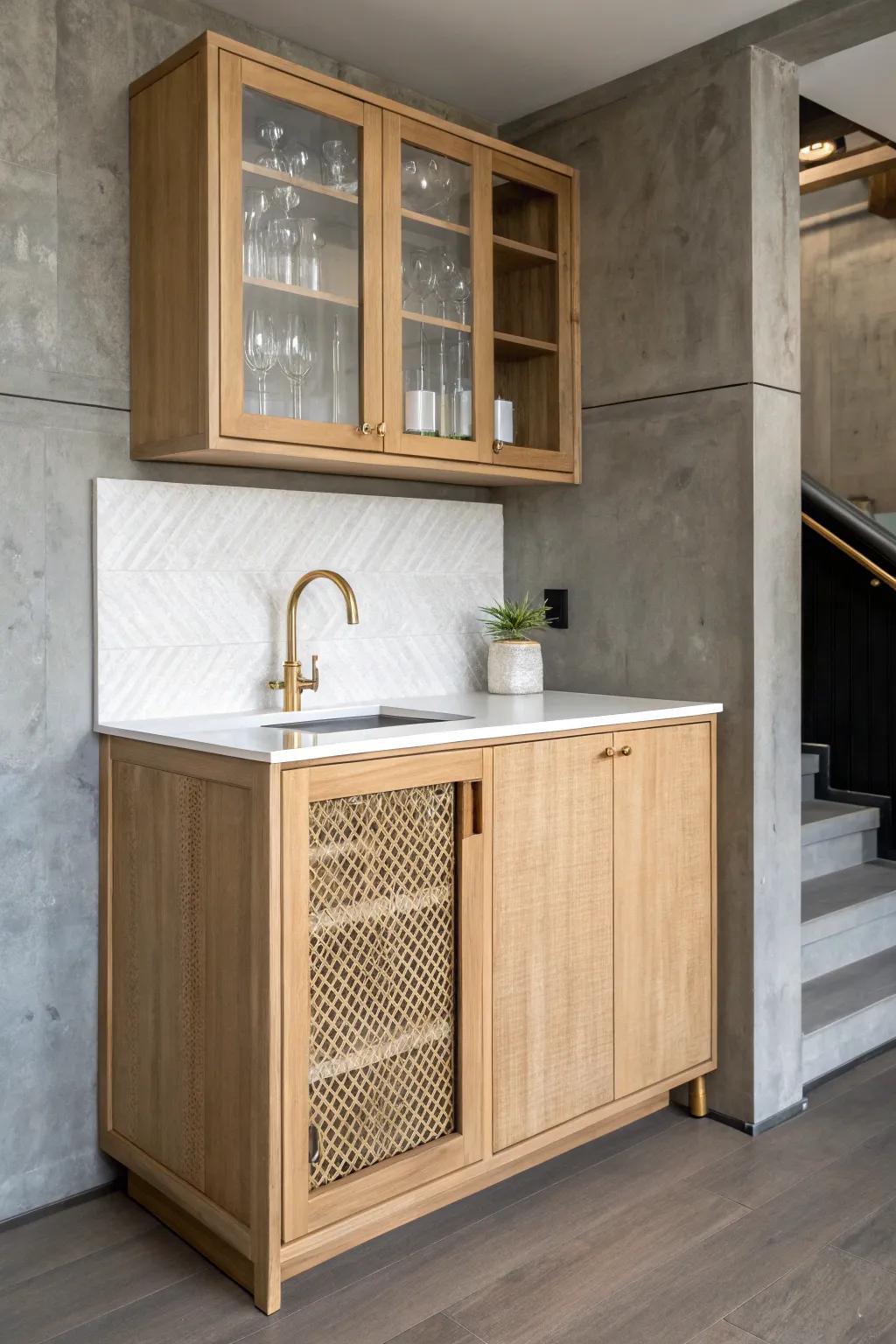 Turn a small basement into movie-night HQ with a slim wet bar—style meets storage.