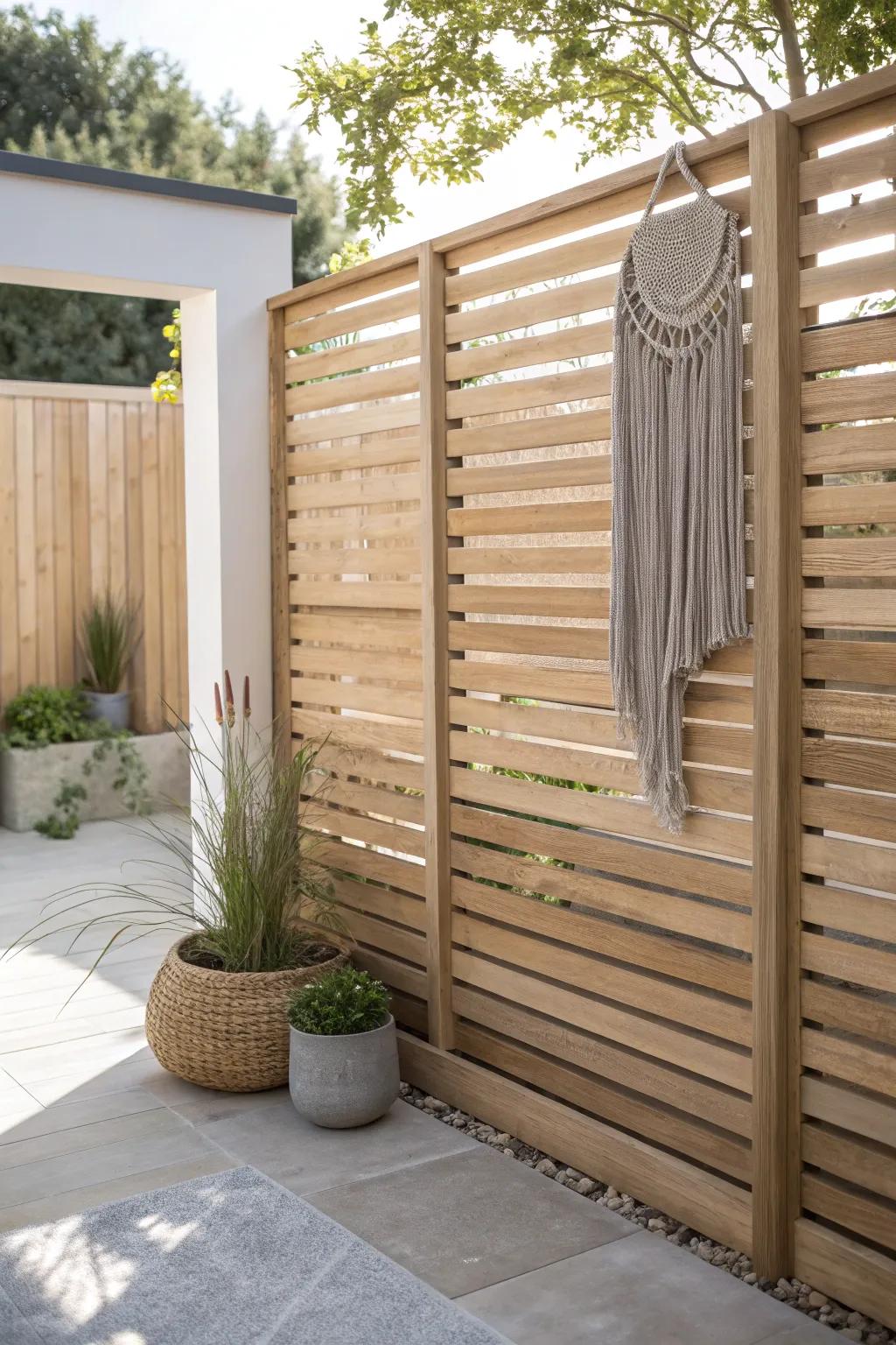 A sleek horizontal slat screen adds instant privacy—and turns a tiny garden into a cozy room.