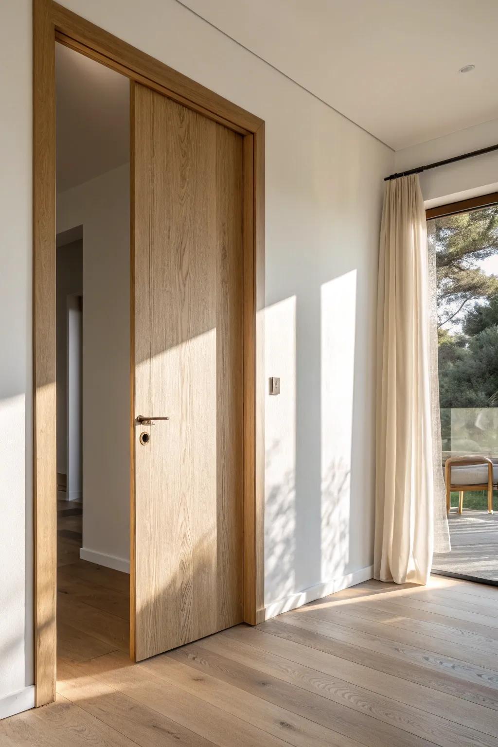 Space-saving pocket door in light oak—clean lines, warm brass, and airy Scandinavian calm.