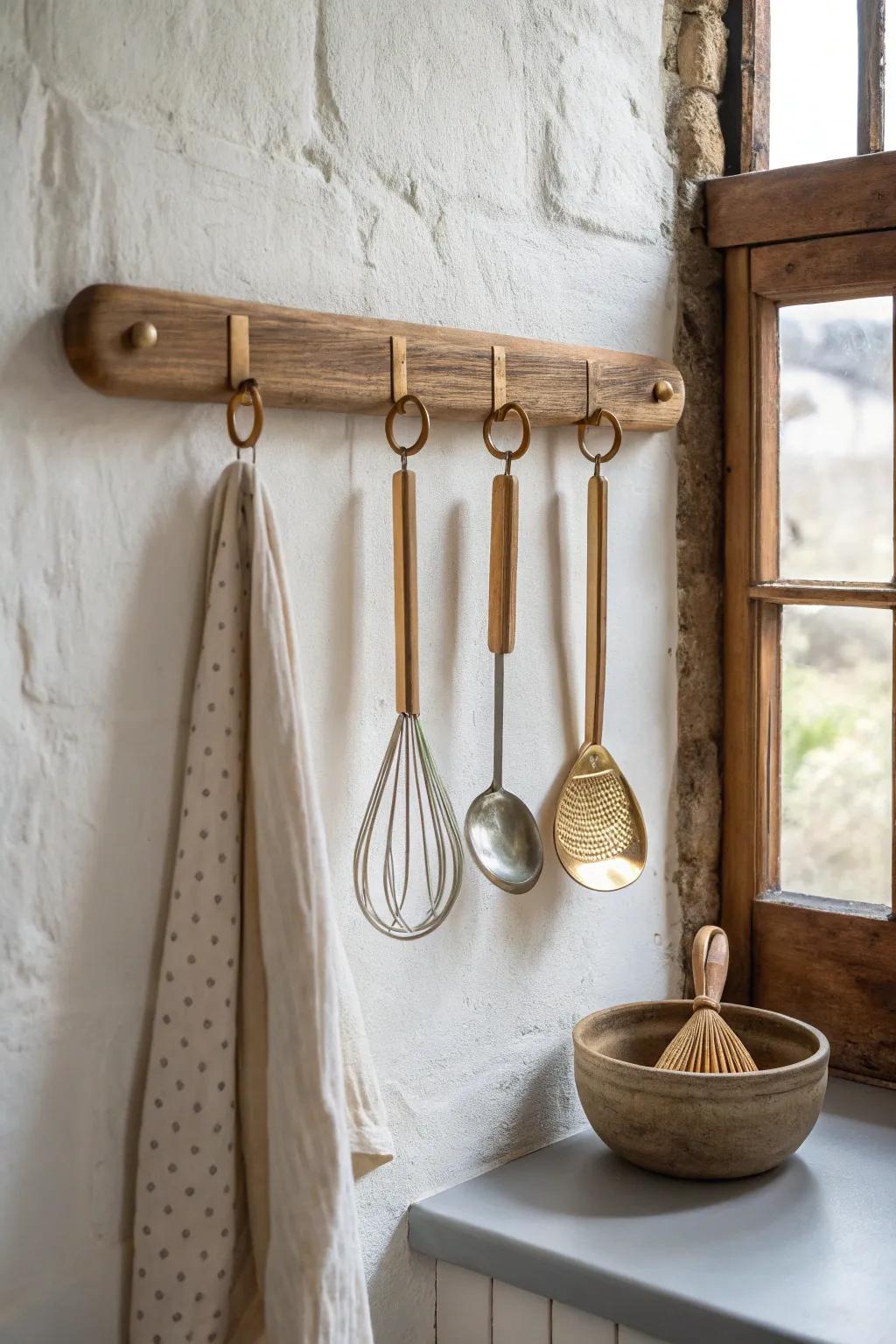 A simple peg rail keeps key tools in a tight “triangle” for faster prep in narrow kitchens.