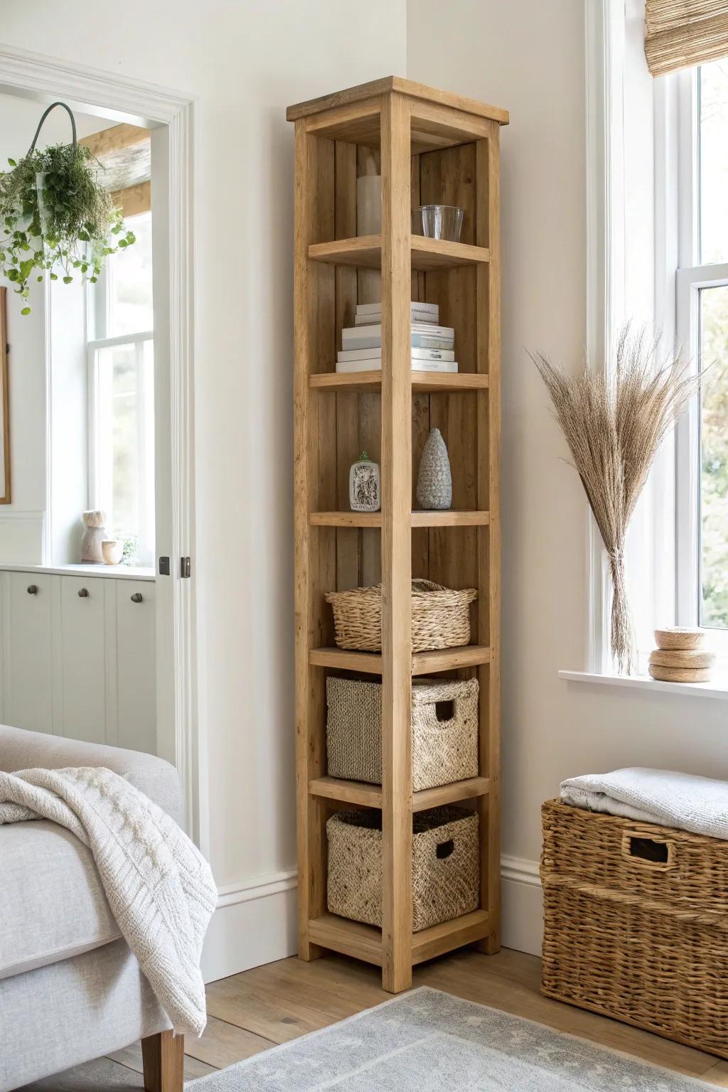 A tall, tight shelf pulls storage upward—perfect for narrow living rooms without extra bulk.