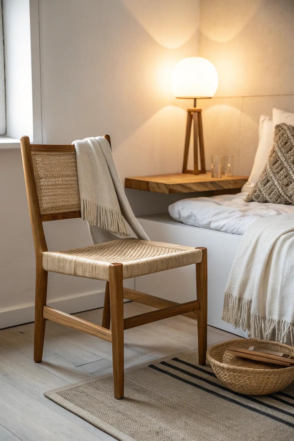 A slim bedside reading chair that turns the smallest corner into a wind-down ritual.