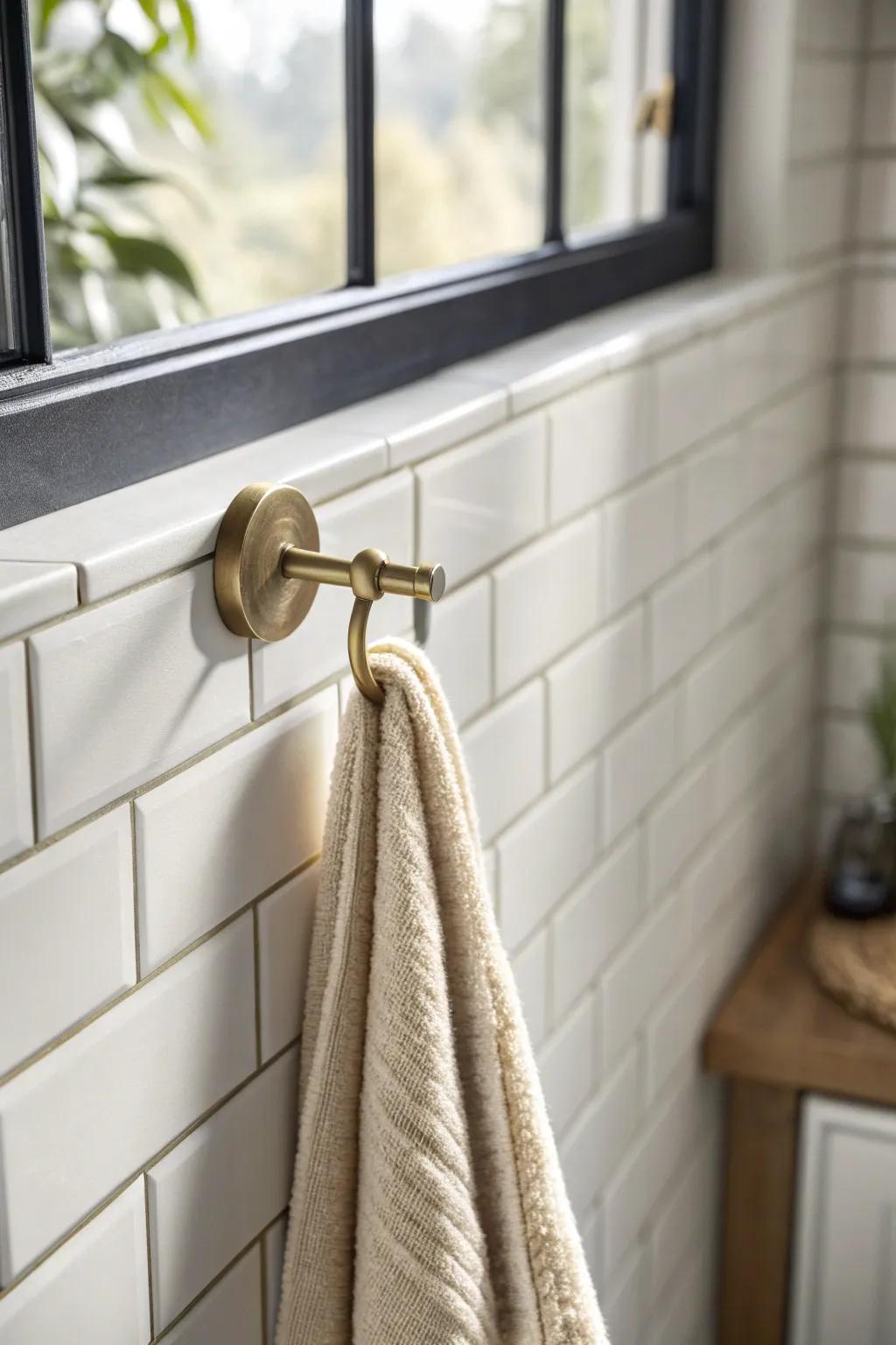 Swap chunky hardware for a slim brass towel hook to instantly calm a tiny NYC bathroom.
