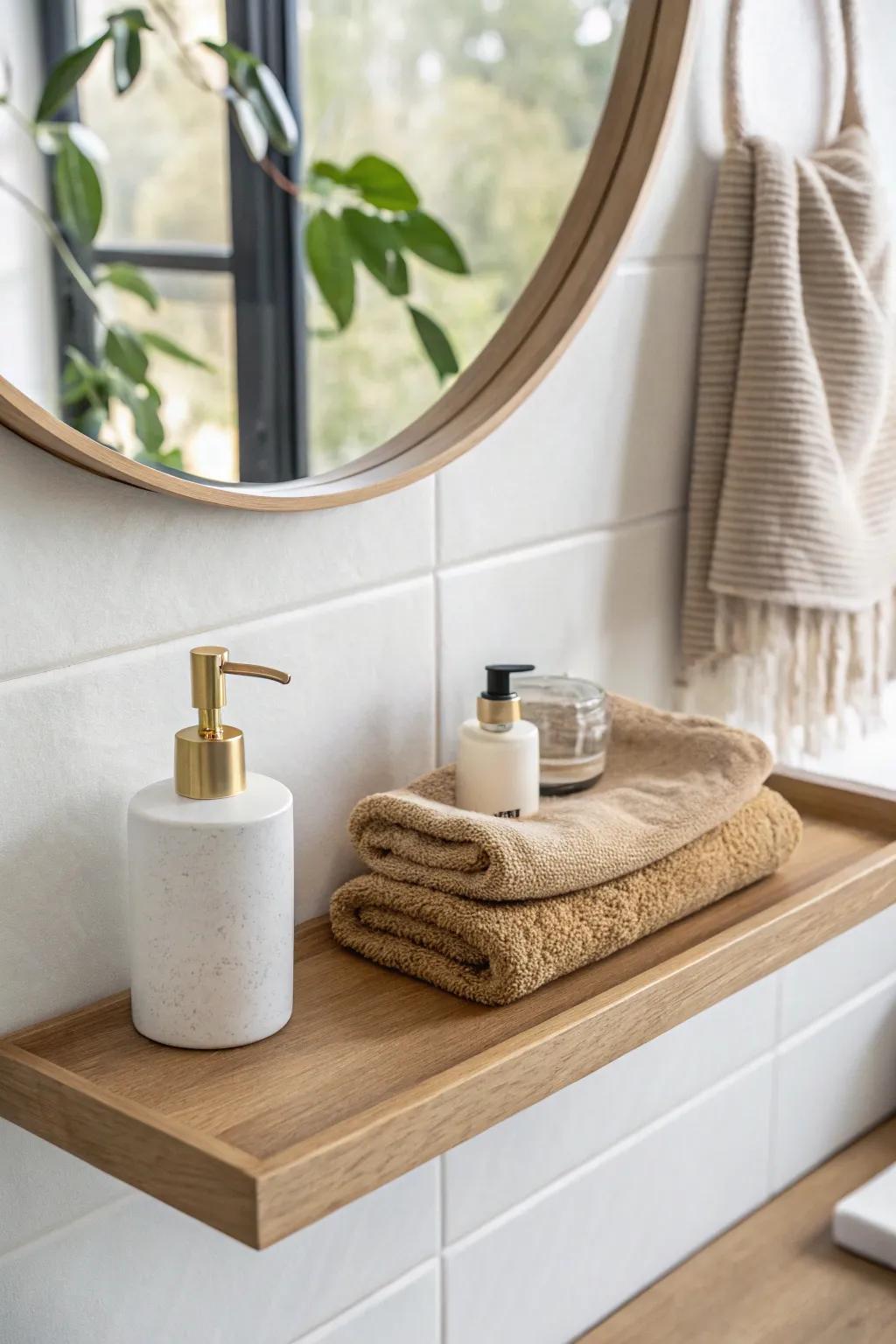 Slim floating shelf beside the mirror stores soap and a towel, keeping the tiny sink clear.