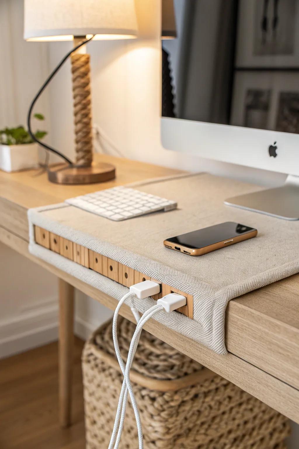 Turn cable control into decor—clean oak clips and a sleek cover for a calm small-office desk.