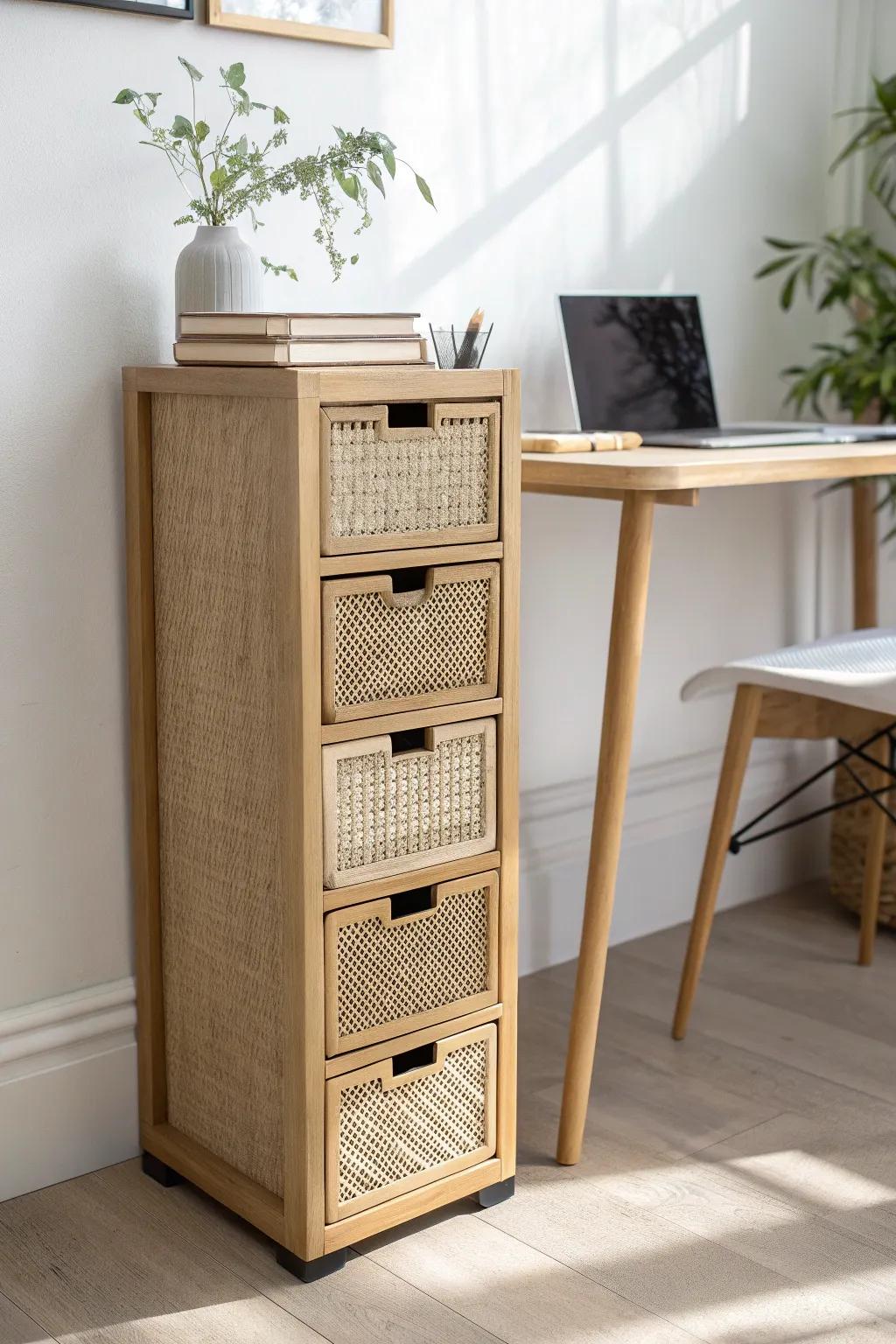 A tall, slim file tower turns a 10-inch desk gap into hidden storage—no floor clutter.